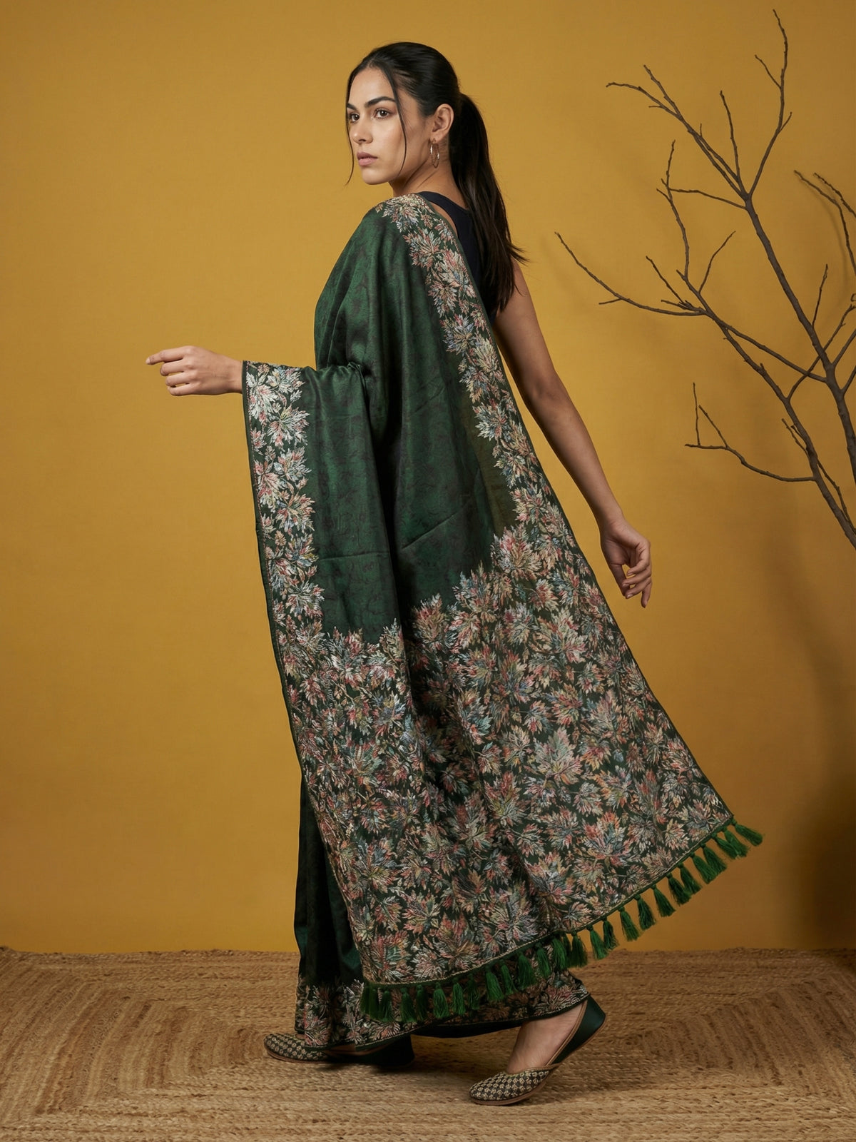 Dark Green Soft Silk Saree with Printed Woven Elegance