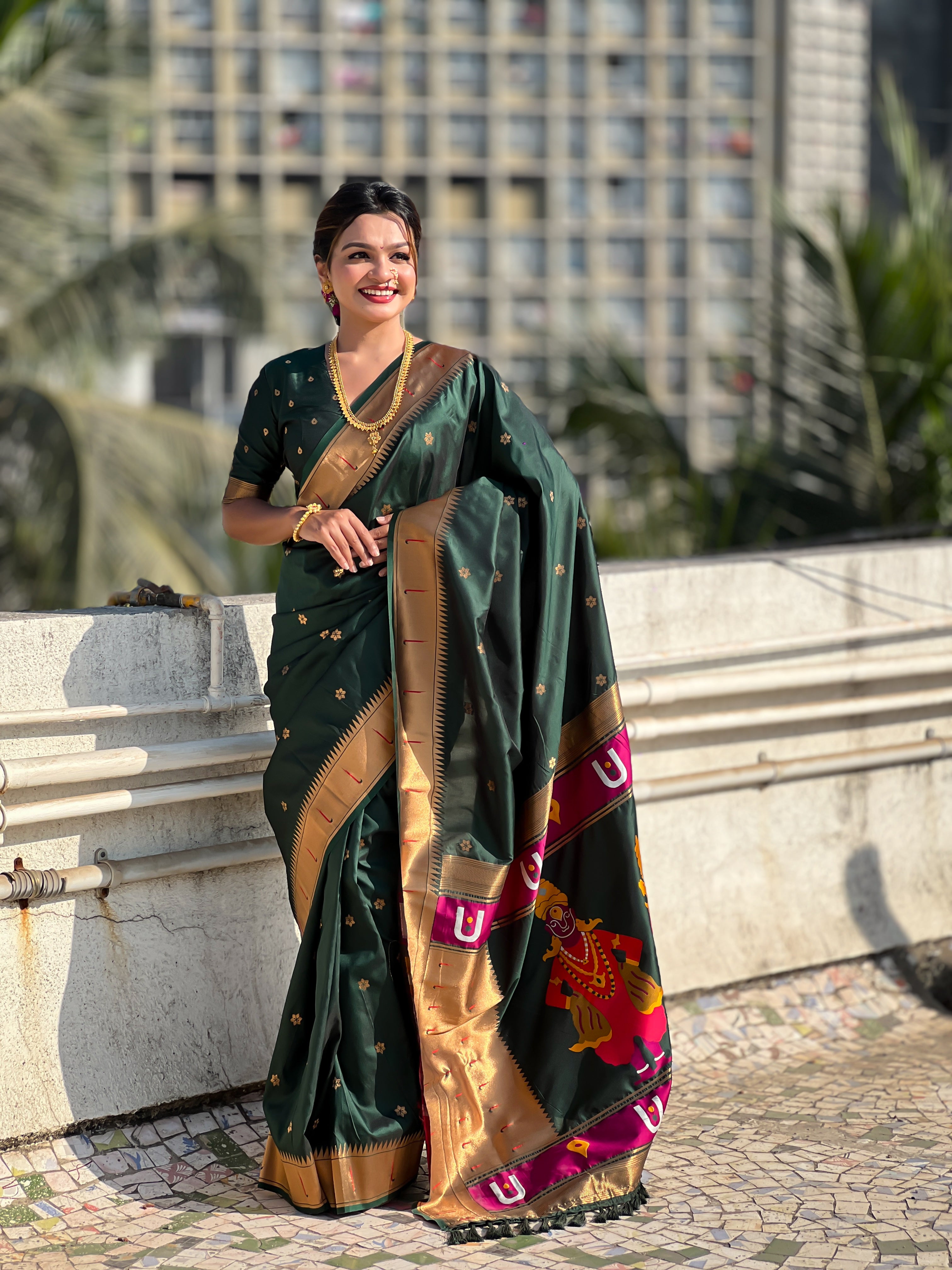 Dark Green Soft Silk Woven Vitthala Designer Traditional Ethnic Saree