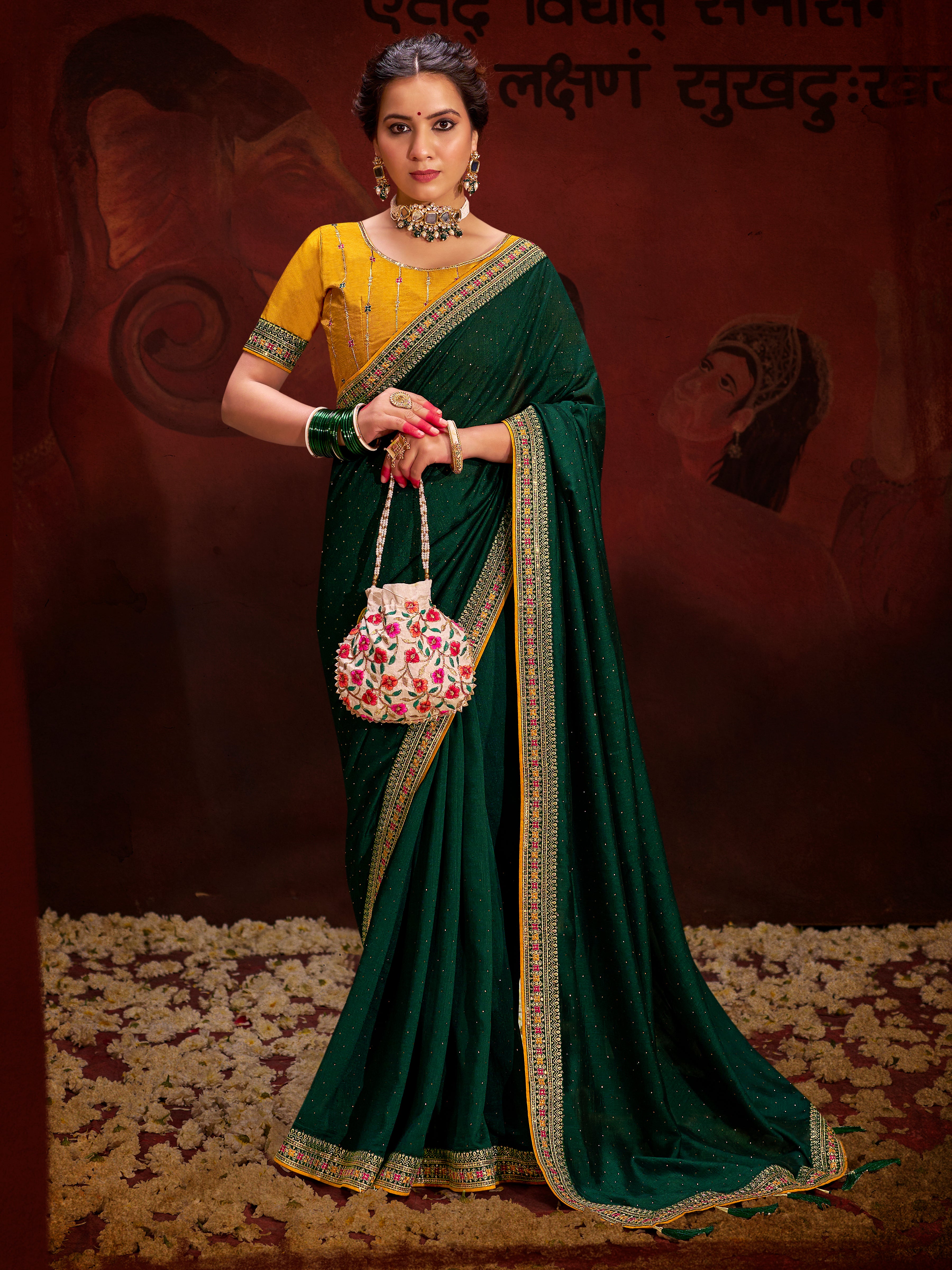 Dark Green Vichitra Silk Saree With  Heavy Diamond Work and Embroidery  Lace Border