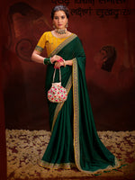 Dark Green Vichitra Silk Saree With  Heavy Diamond Work and Embroidery  Lace Border