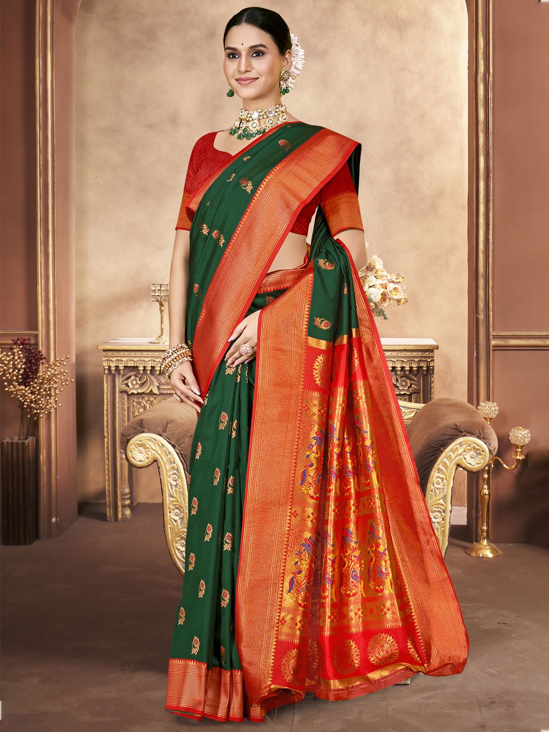 Dark Green Woven Work Silk Festival Saree