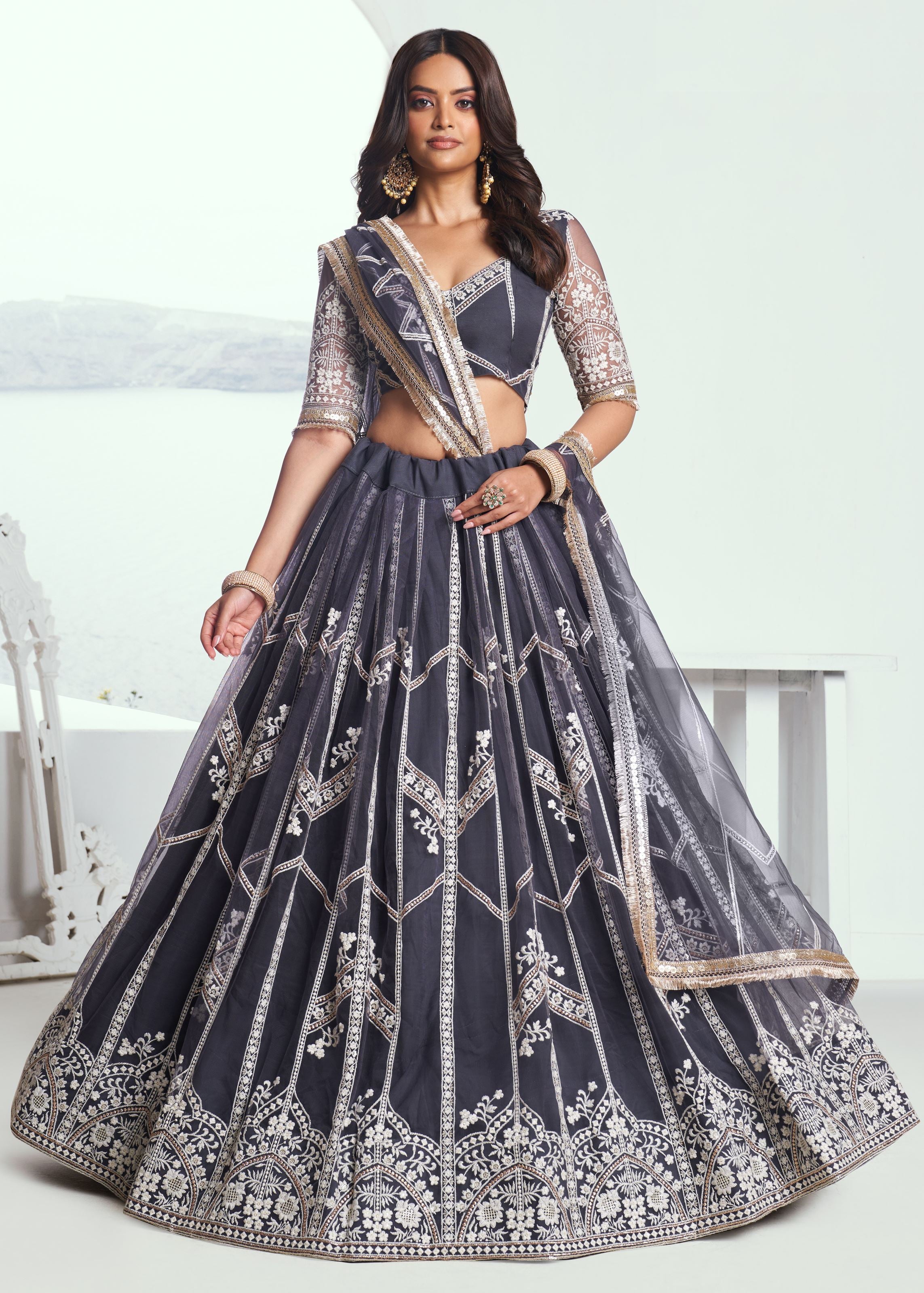 Dark Grey Lehenga with Heavy Thread Embroidery Sequins Work