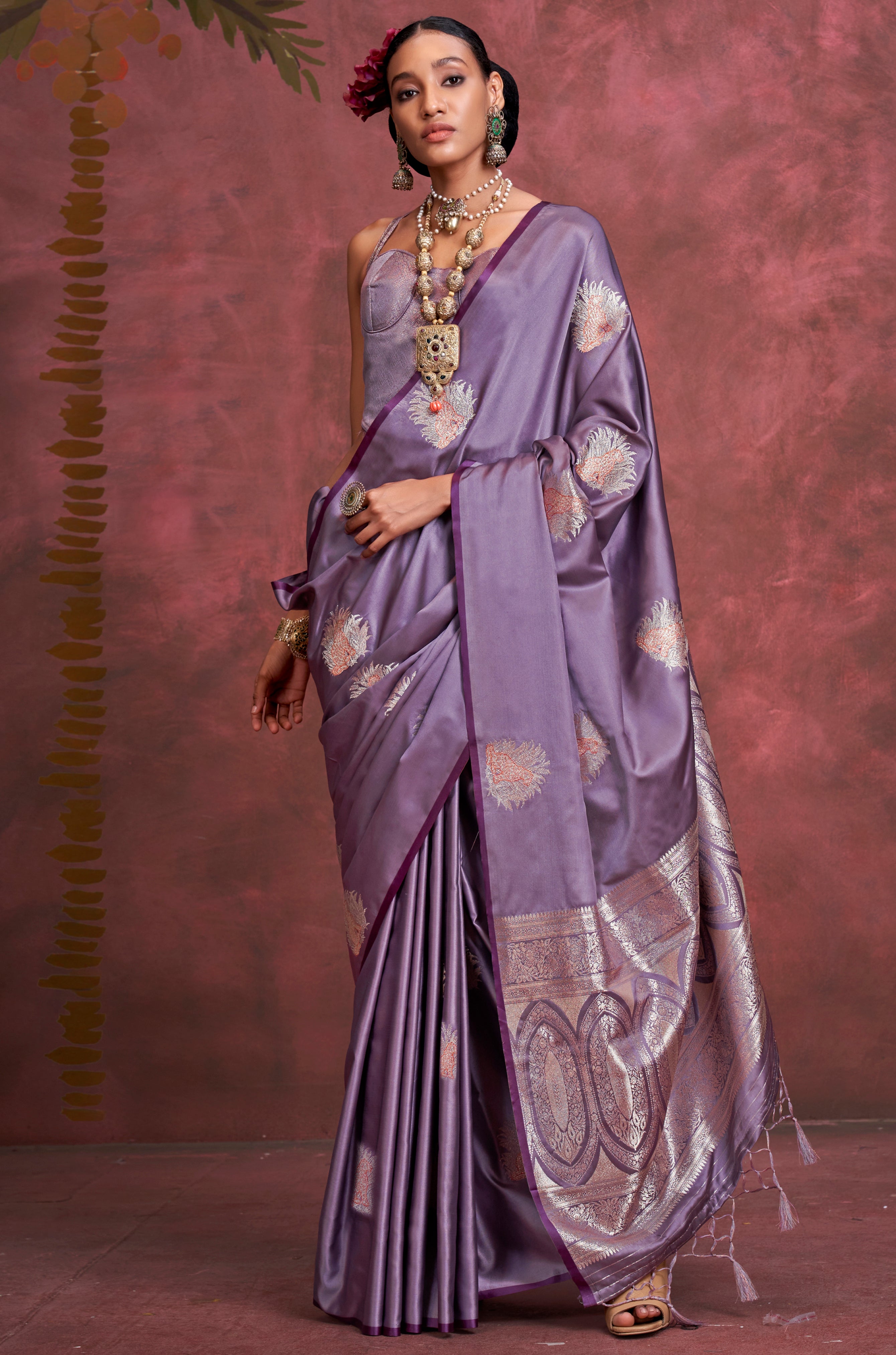 Dark Lavender Color Satin Silk Saree With  Jacquard Woven Work