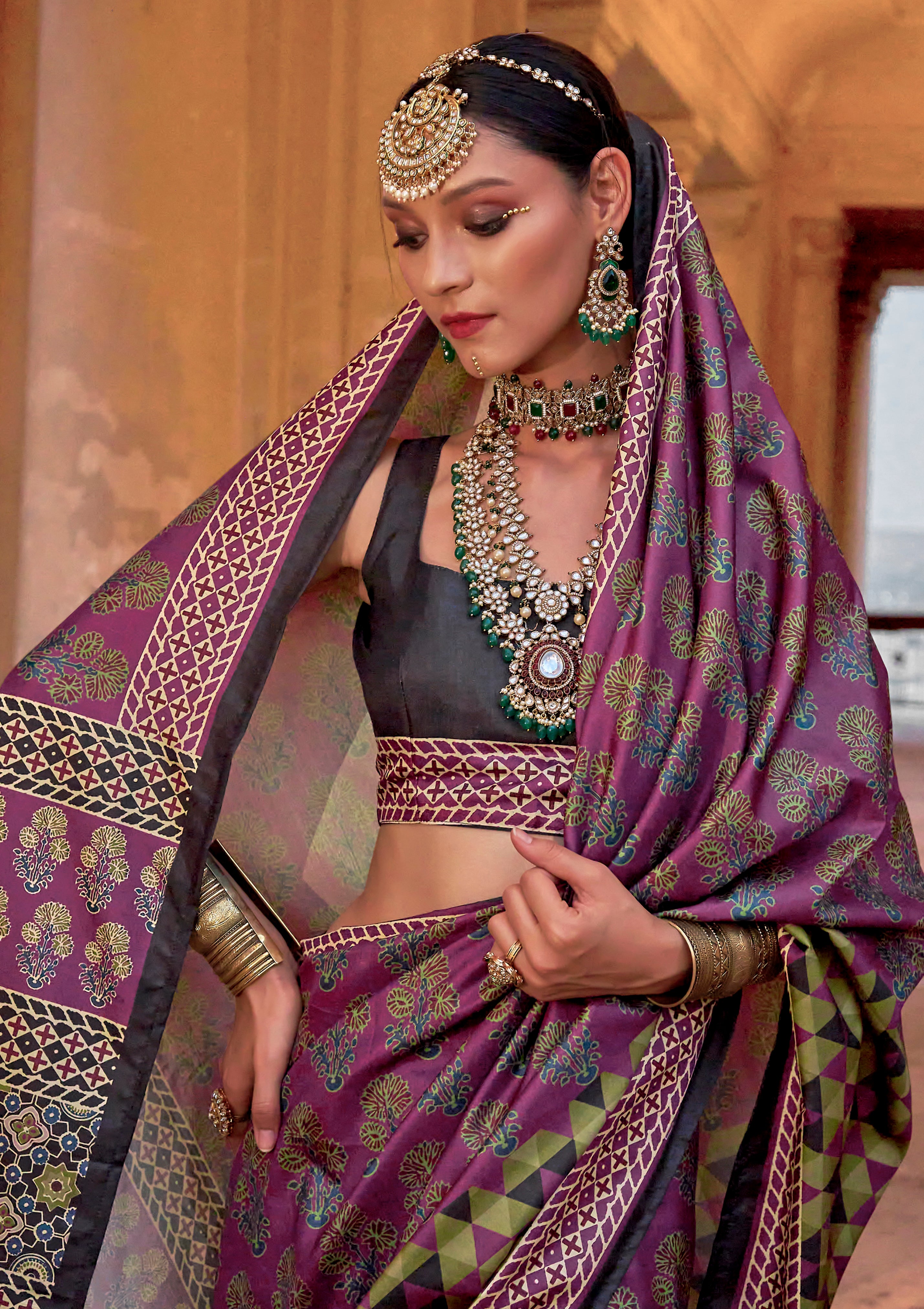 Dark Magenta PV Silk Saree with Ajrakh Print and Croma Finish