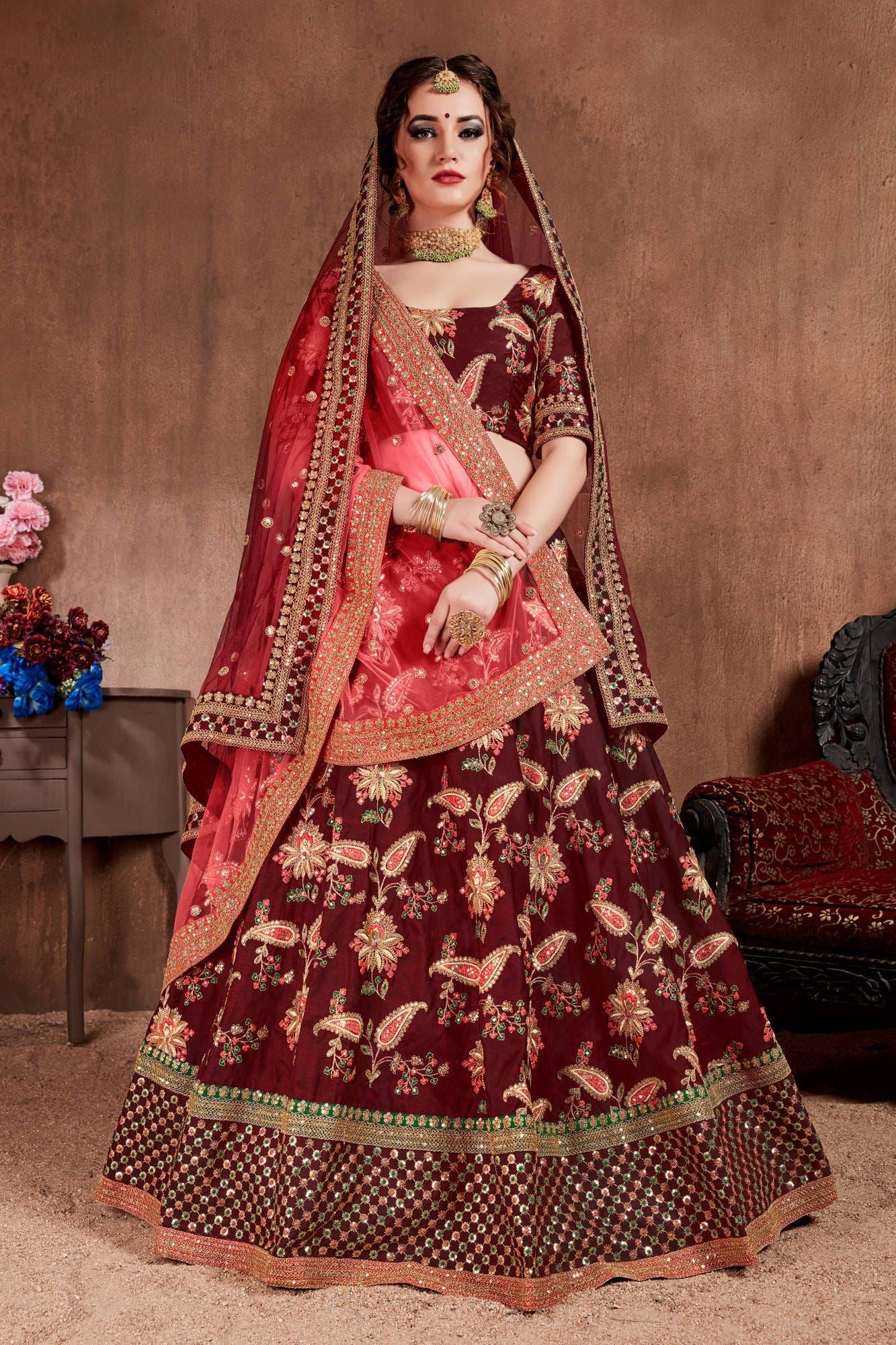 Dark Maroon Lehenga Choli With Thread, Dori, Zari, Sequins Embroidery Work
