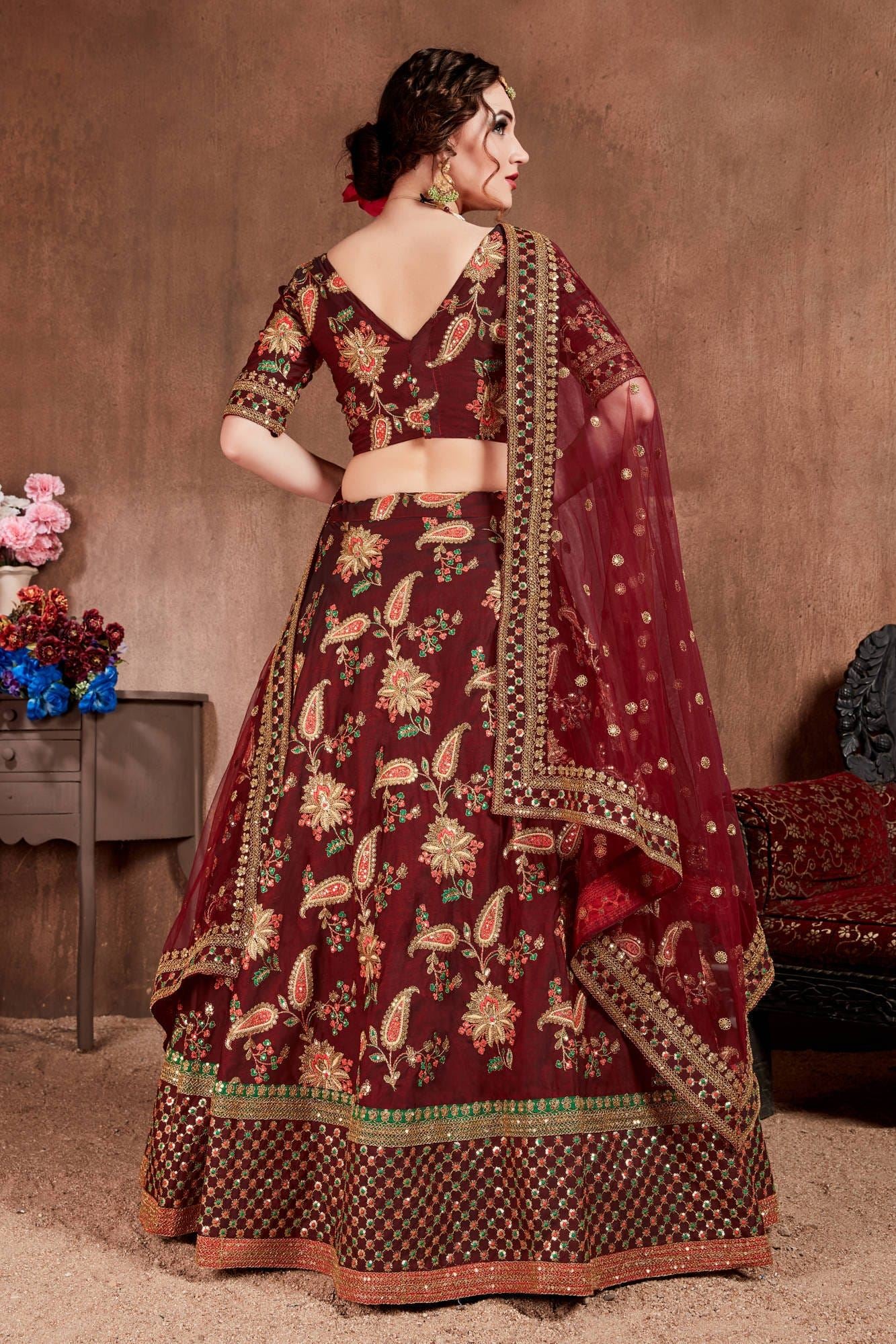 Dark Maroon Lehenga Choli With Thread, Dori, Zari, Sequins Embroidery Work
