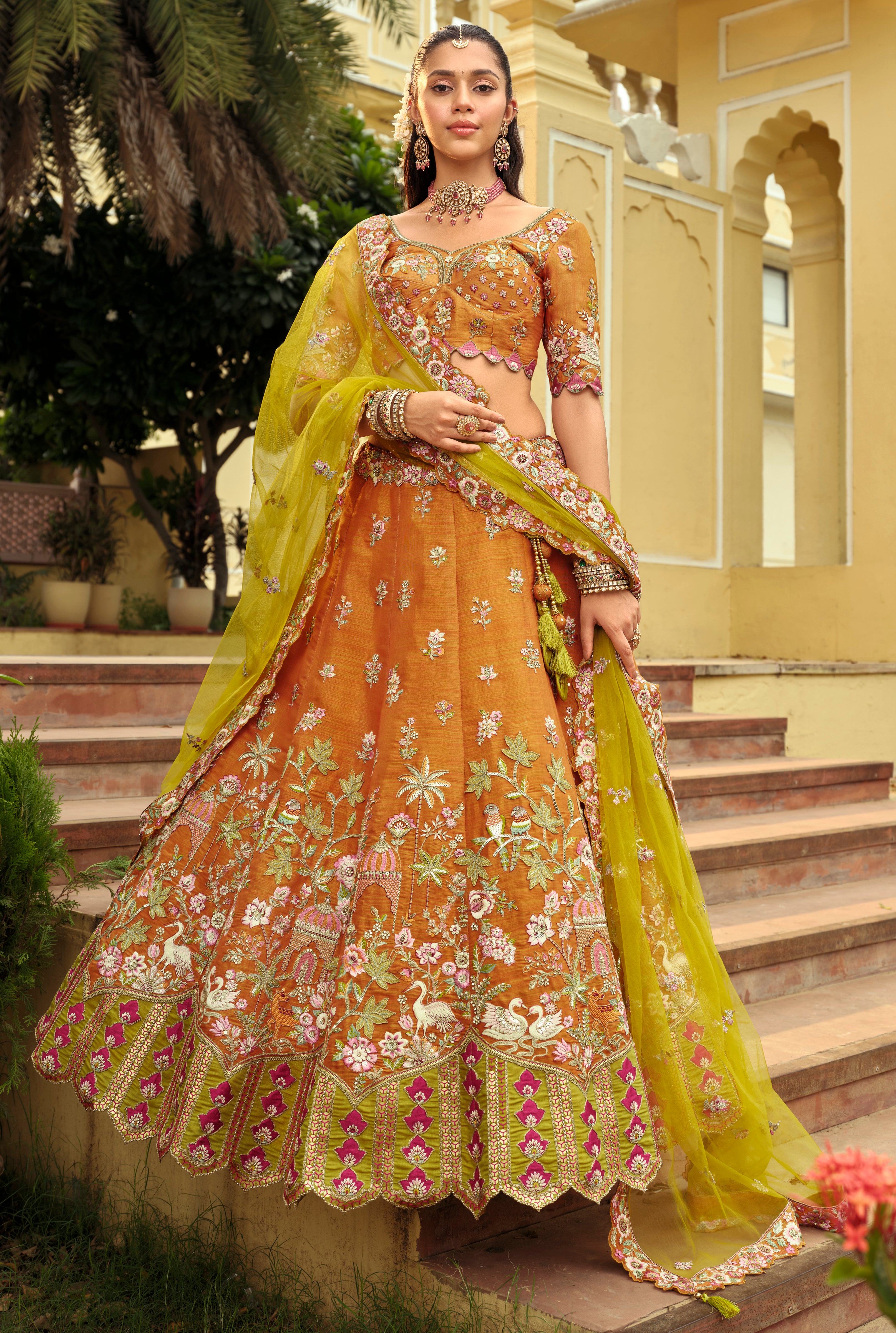 Dark Orange Silk Readymade Lehenga Choli With Heavy Thread Embroidery, Sequence, Border Weaving, Art Mirror and Cut Work