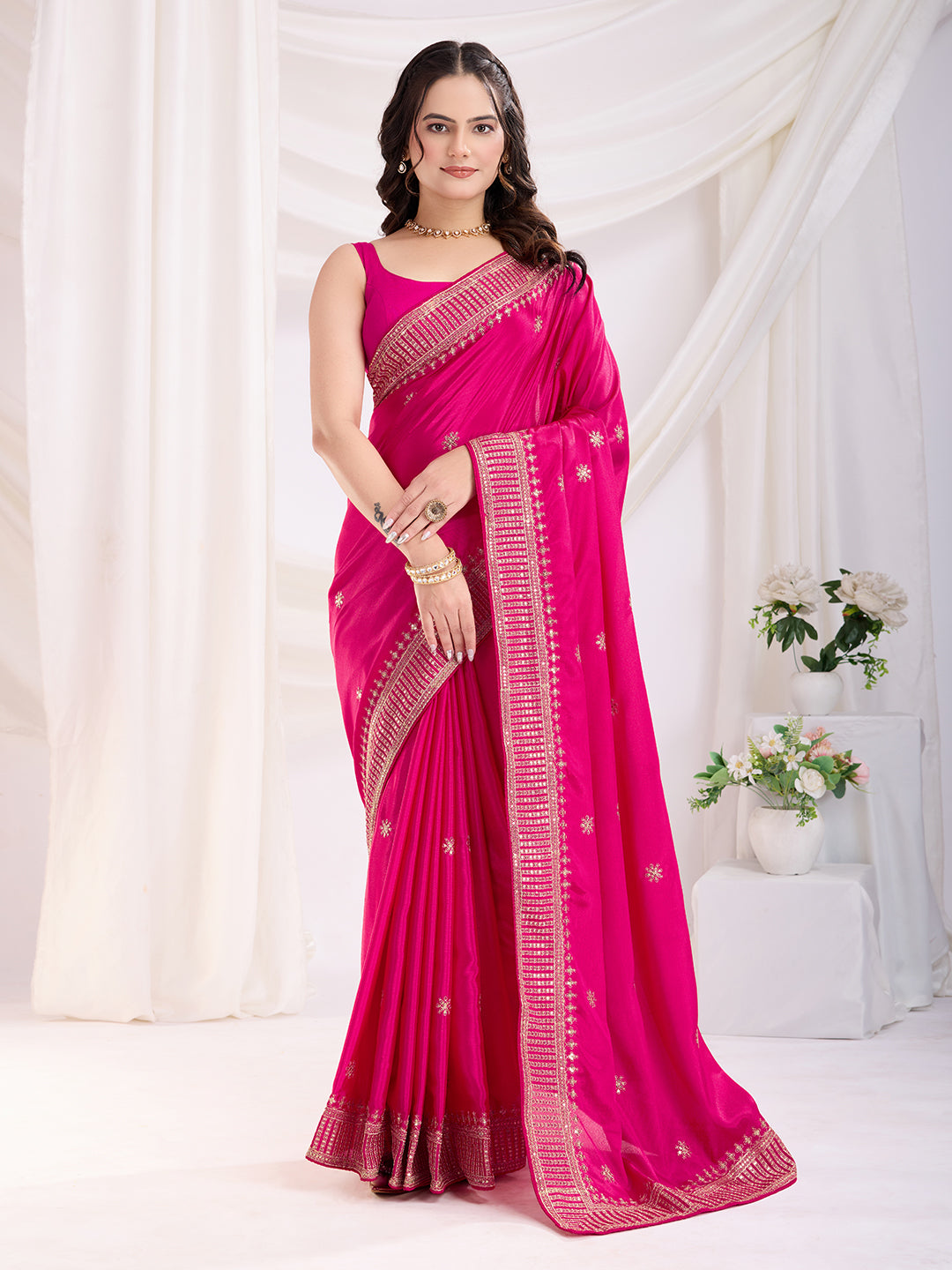 Dark Pink Chinon Silk Desigenr Zari Embroidered Ceremonial Saree