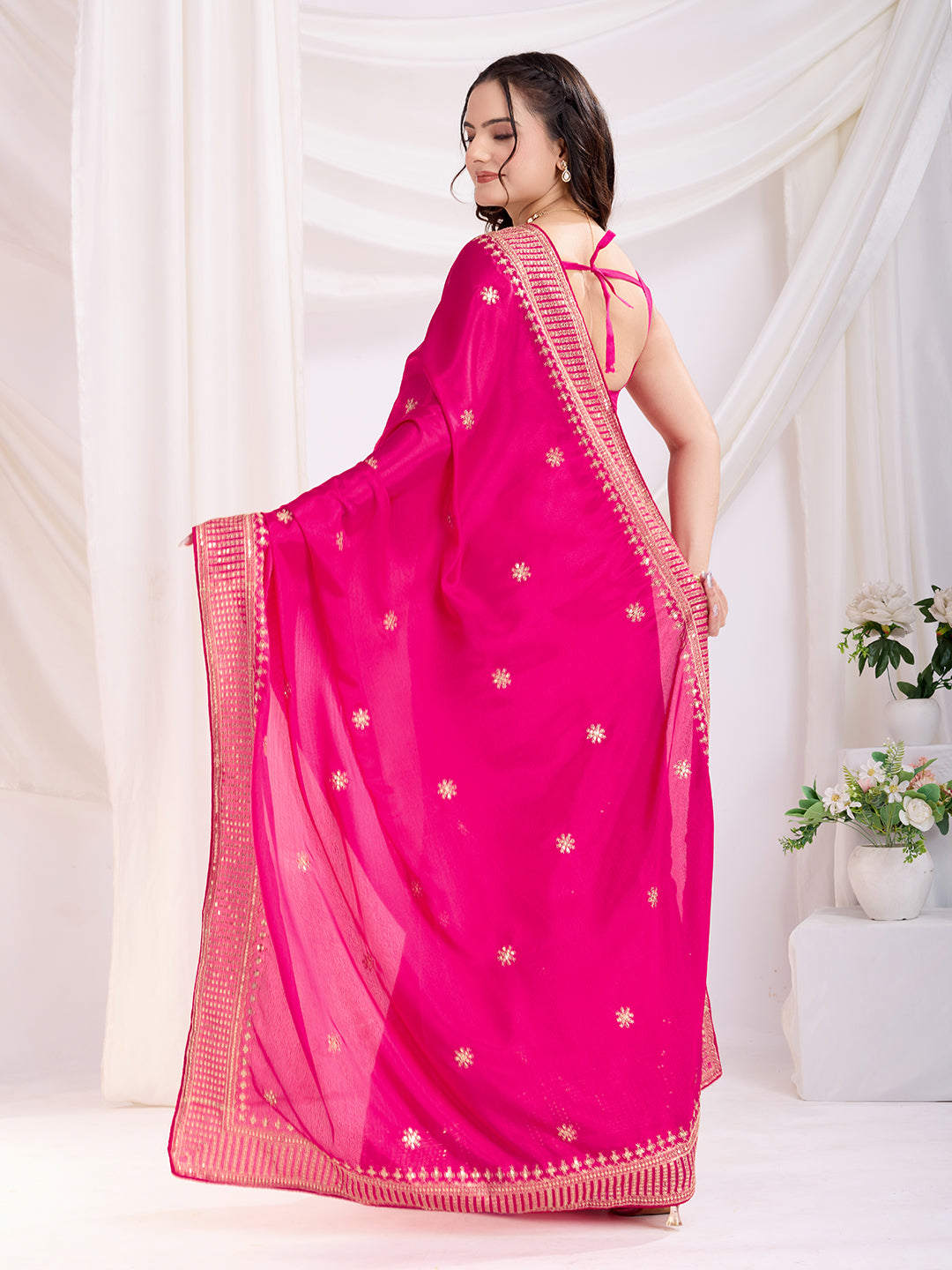 Dark Pink Chinon Silk Desigenr Zari Embroidered Ceremonial Saree