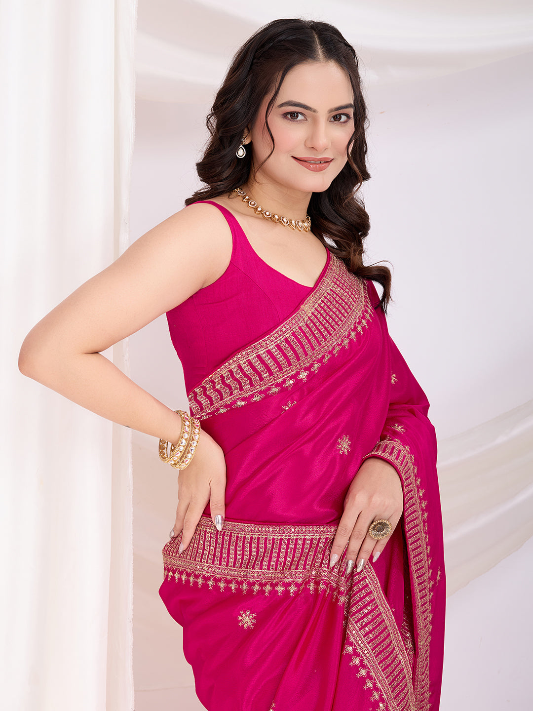Dark Pink Chinon Silk Desigenr Zari Embroidered Ceremonial Saree