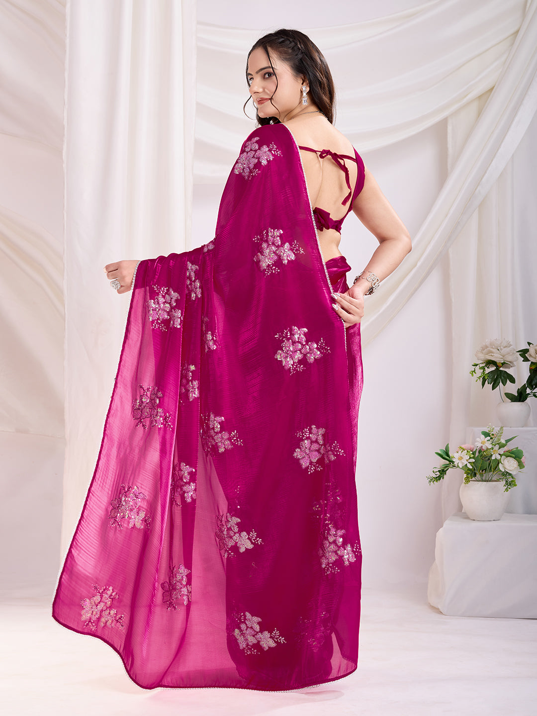 Dark Pink Jimmi Choo Sequins Embroidery Work Ethnic Party Saree