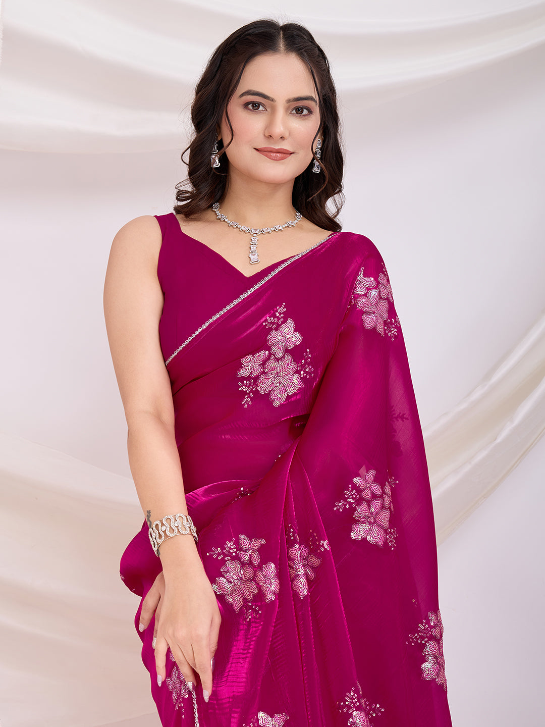 Dark Pink Jimmi Choo Sequins Embroidery Work Ethnic Party Saree