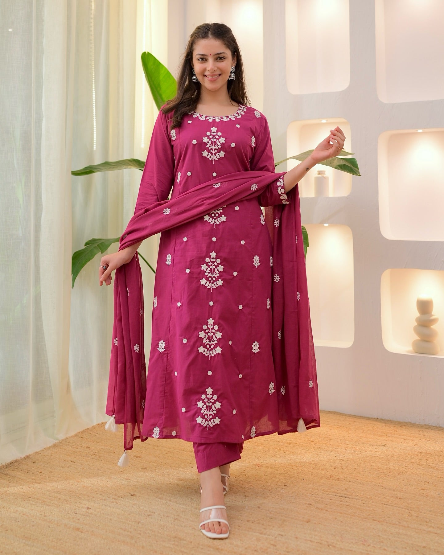 Dark Pink Rayon Slub Kurta Pant Set With Heavy Thread Embroidery Work