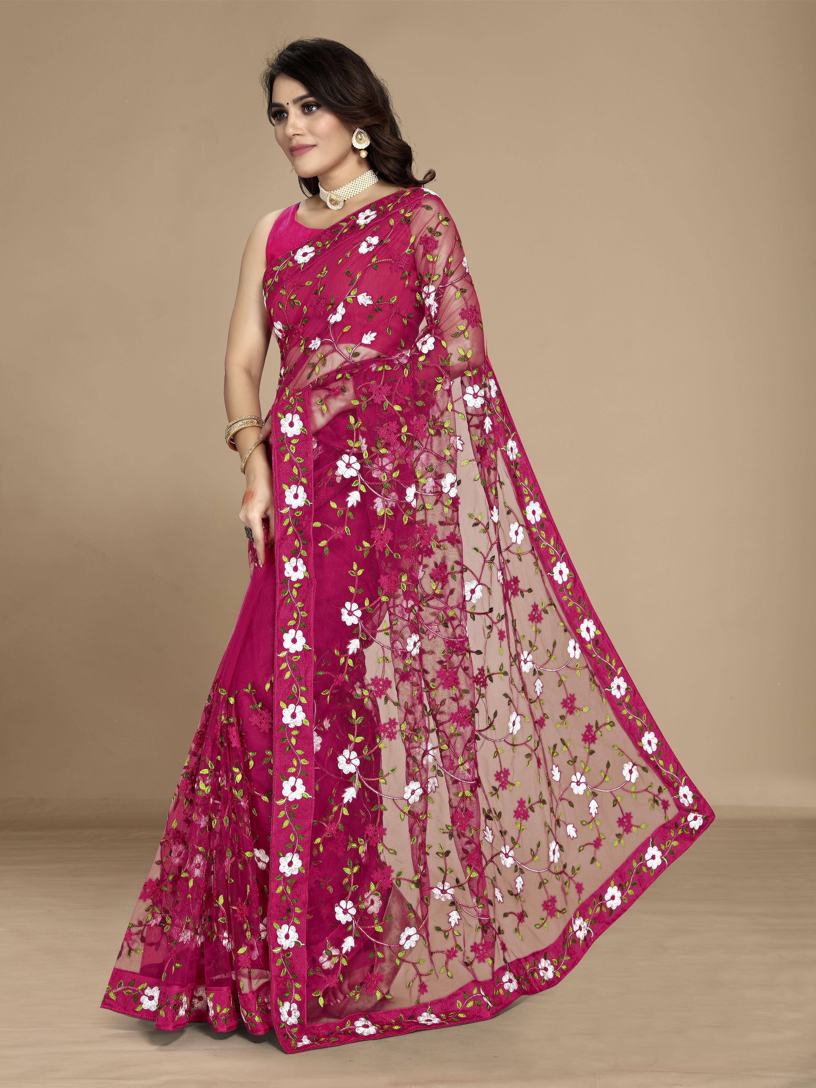 Dark Pink Soft Net Designer Multy Thread Embroidery Work Smart Partywear Saree