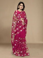 Dark Pink Soft Net Designer Multy Thread Embroidery Work Smart Partywear Saree