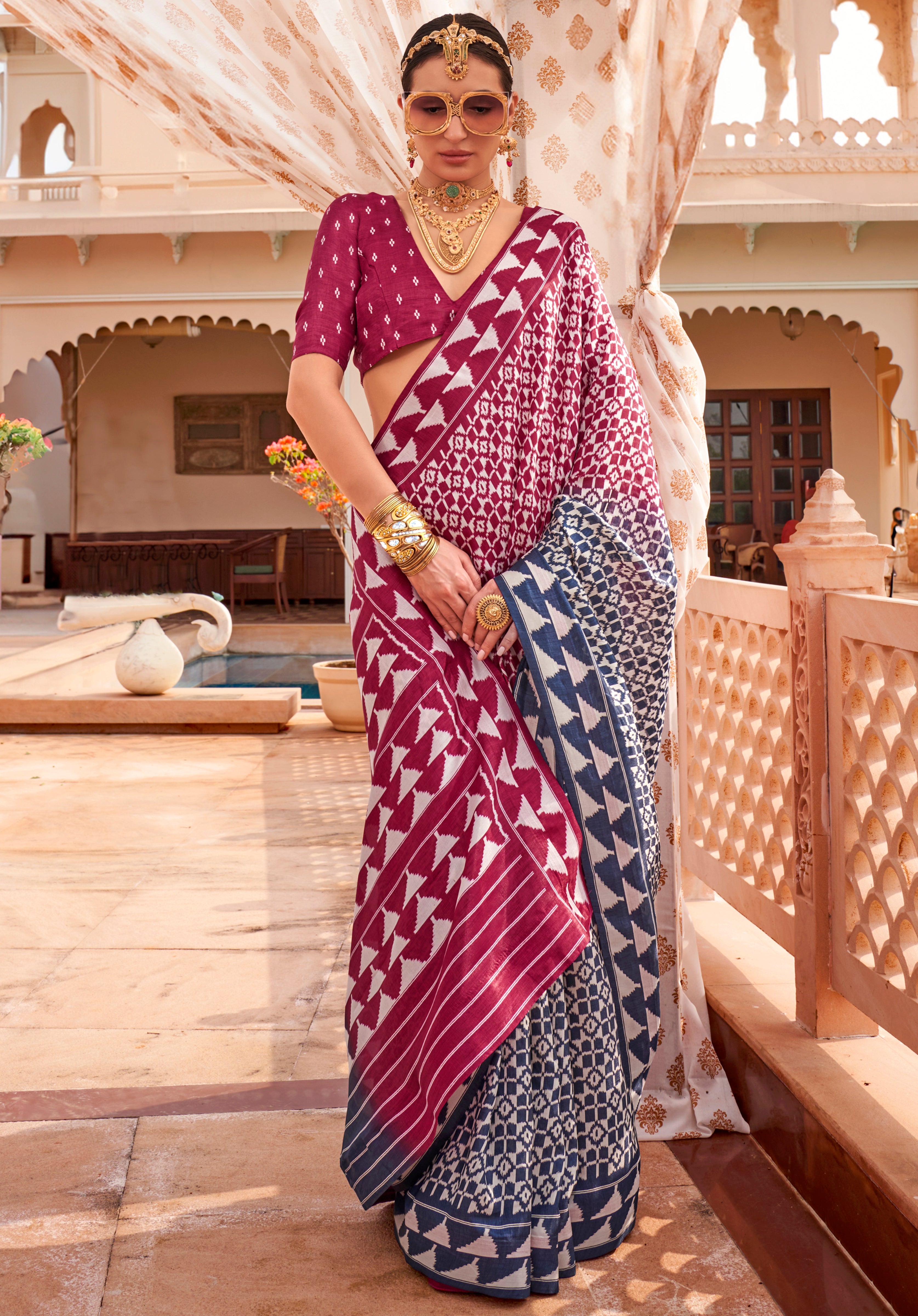 Dark Pink and Navy Blue Silk Saree With  Patola Print