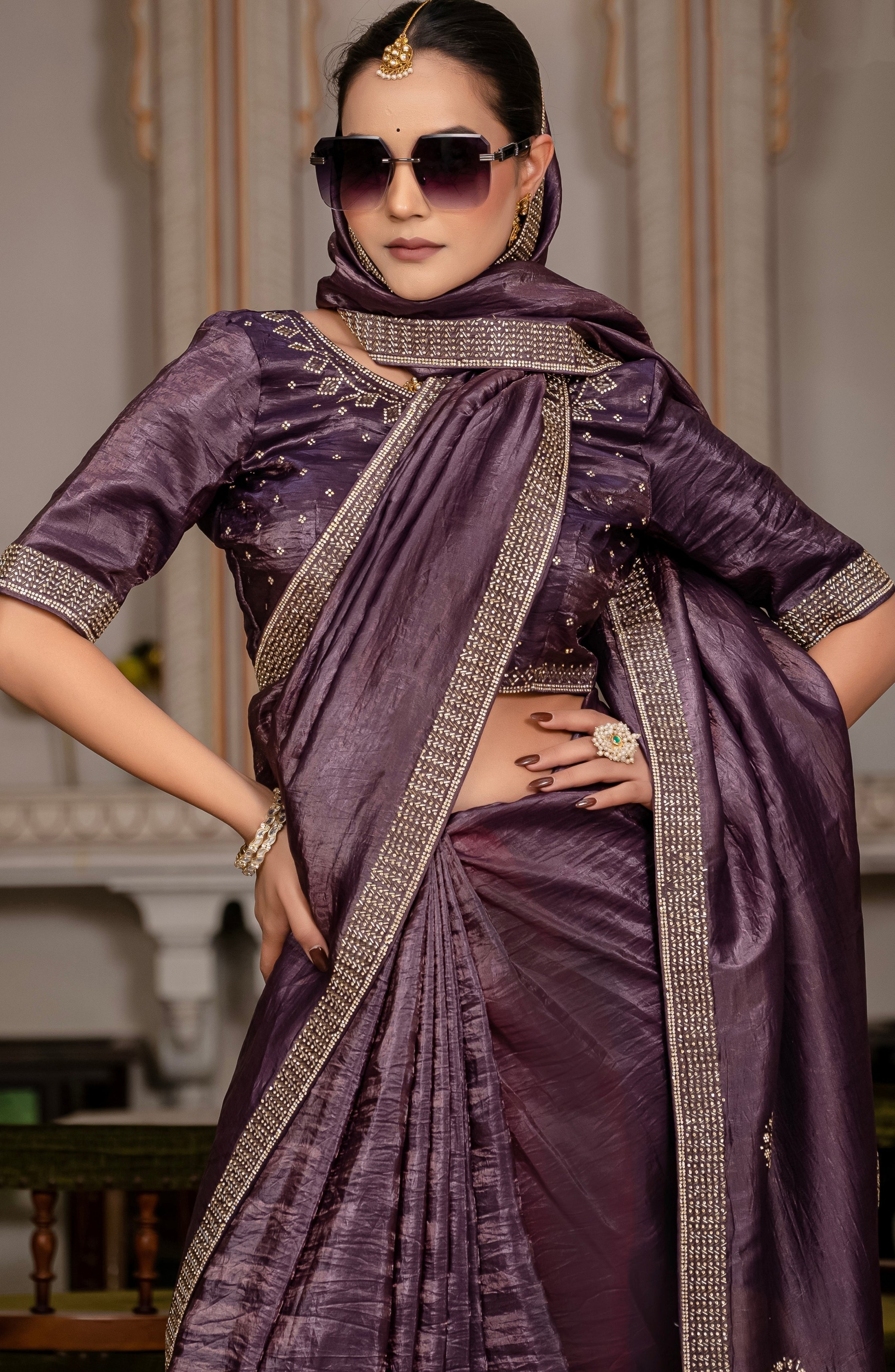 Dark Purple Color Gold Crush Saree With  Cutdana With Zarkan Work