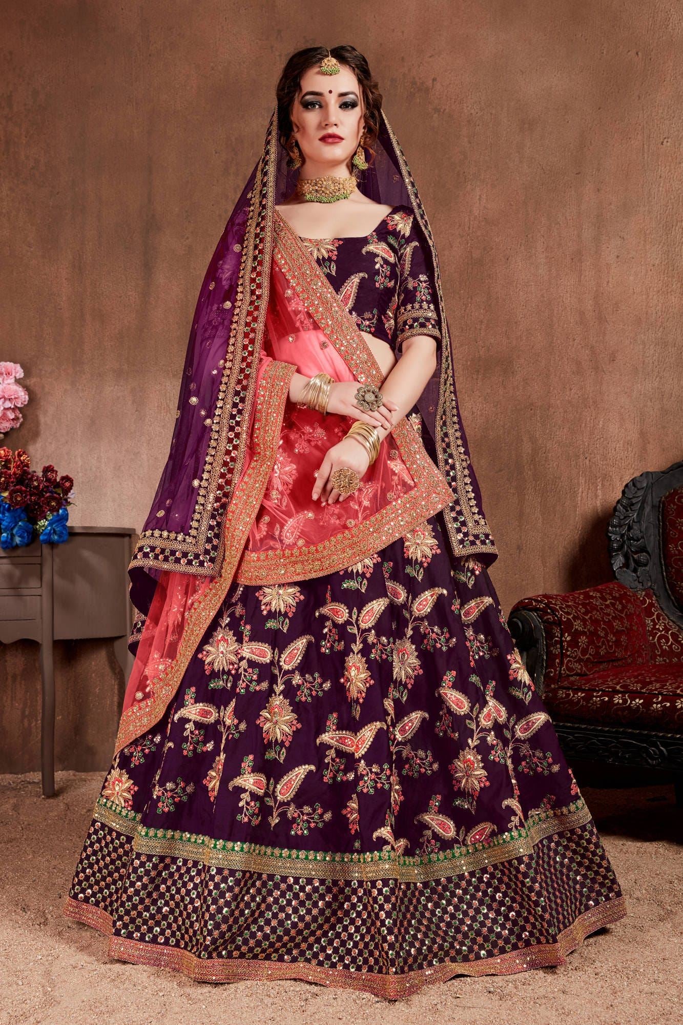 Dark Purple Lehenga Choli With Thread, Dori, Zari, Sequins Embroidery Work