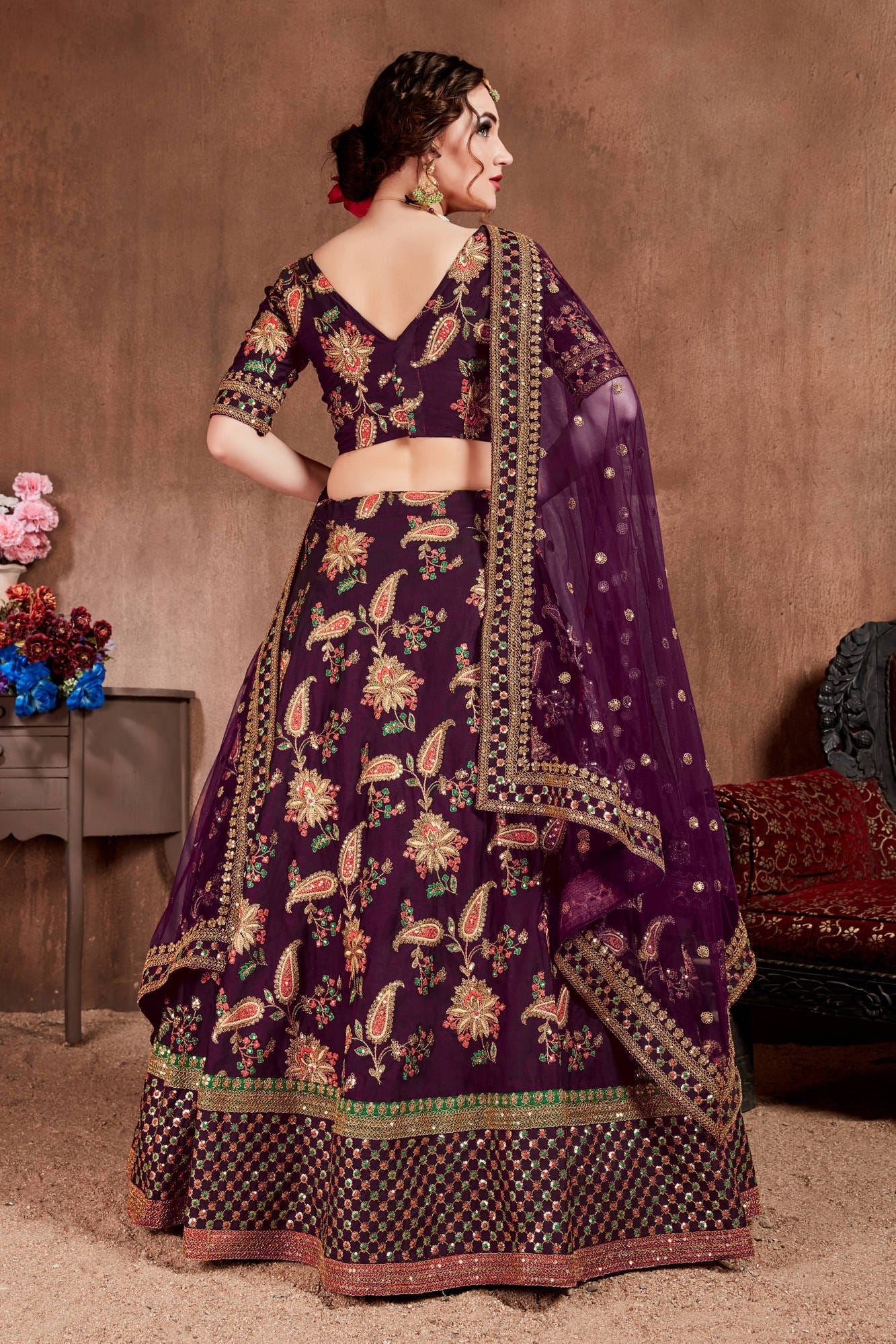 Dark Purple Lehenga Choli With Thread, Dori, Zari, Sequins Embroidery Work