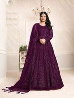 Dark Purple Net Heavy Thread Embroidery And Sequence Work  Anarkali Suits