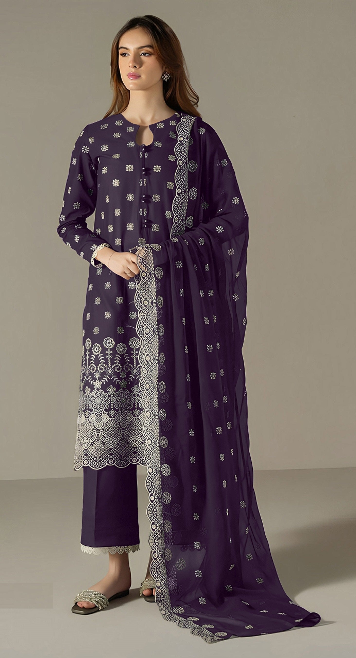 Dark Purple Pakistani Salwar Suit With Heavy Embroidery Work