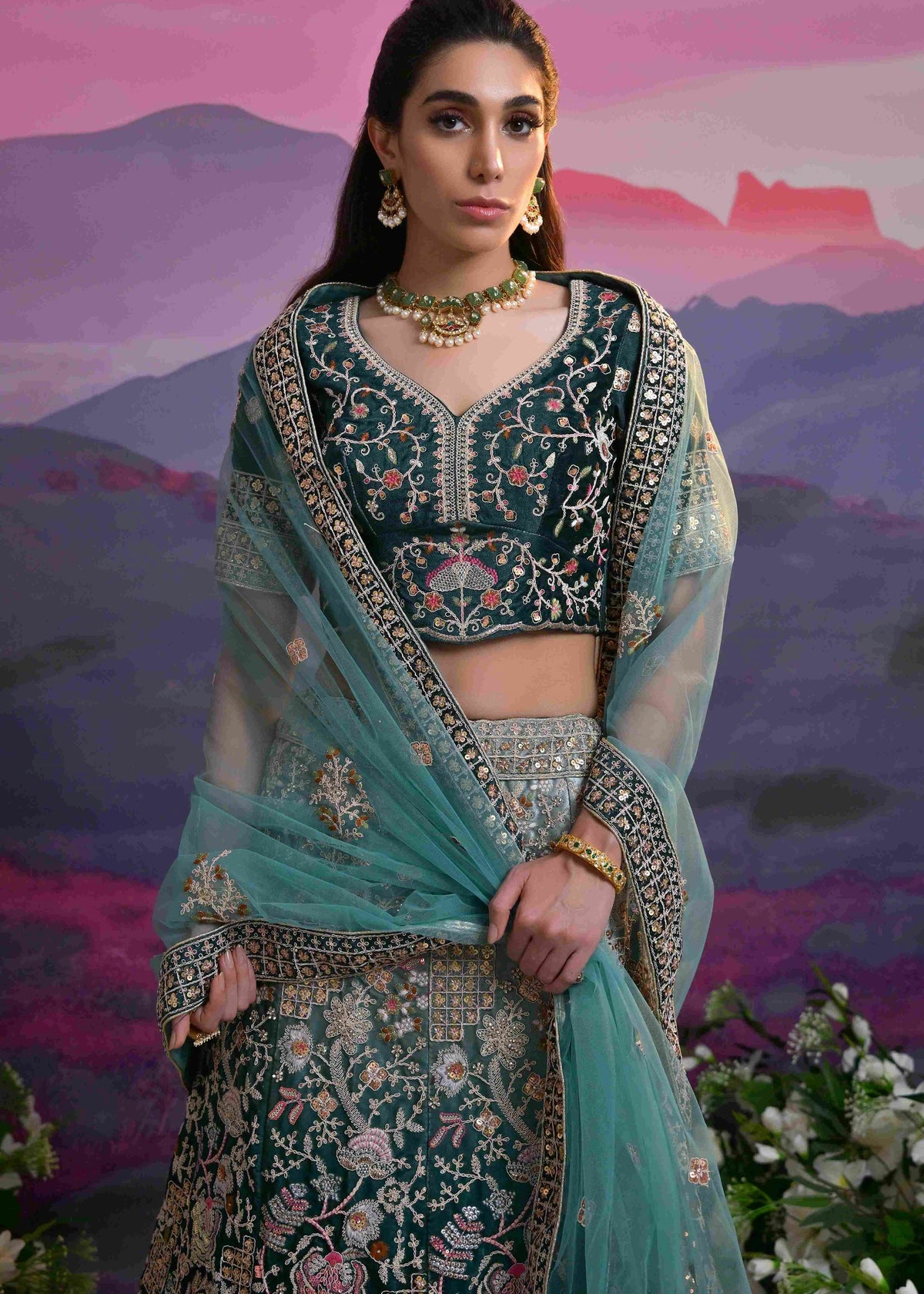 Dark Teal Lycra Lehenga Choli With Heavy Thread Embroidery, Zari With Sequins Work