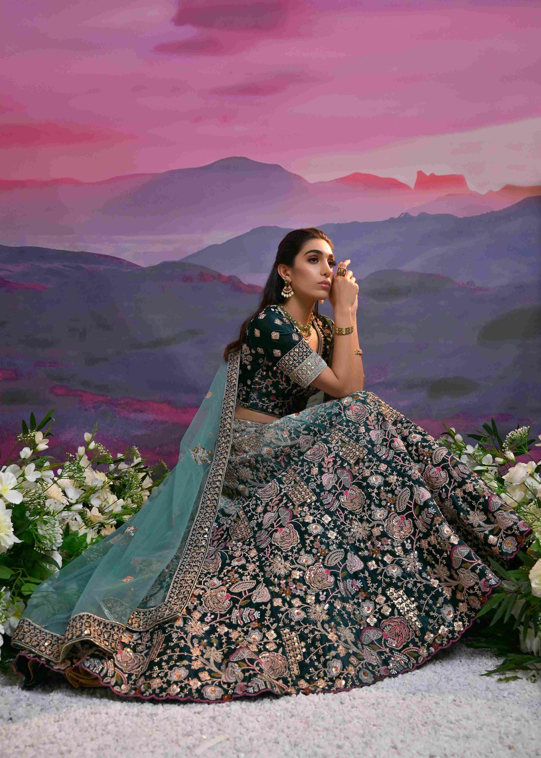 Dark Teal Lycra Lehenga Choli With Heavy Thread Embroidery, Zari With Sequins Work