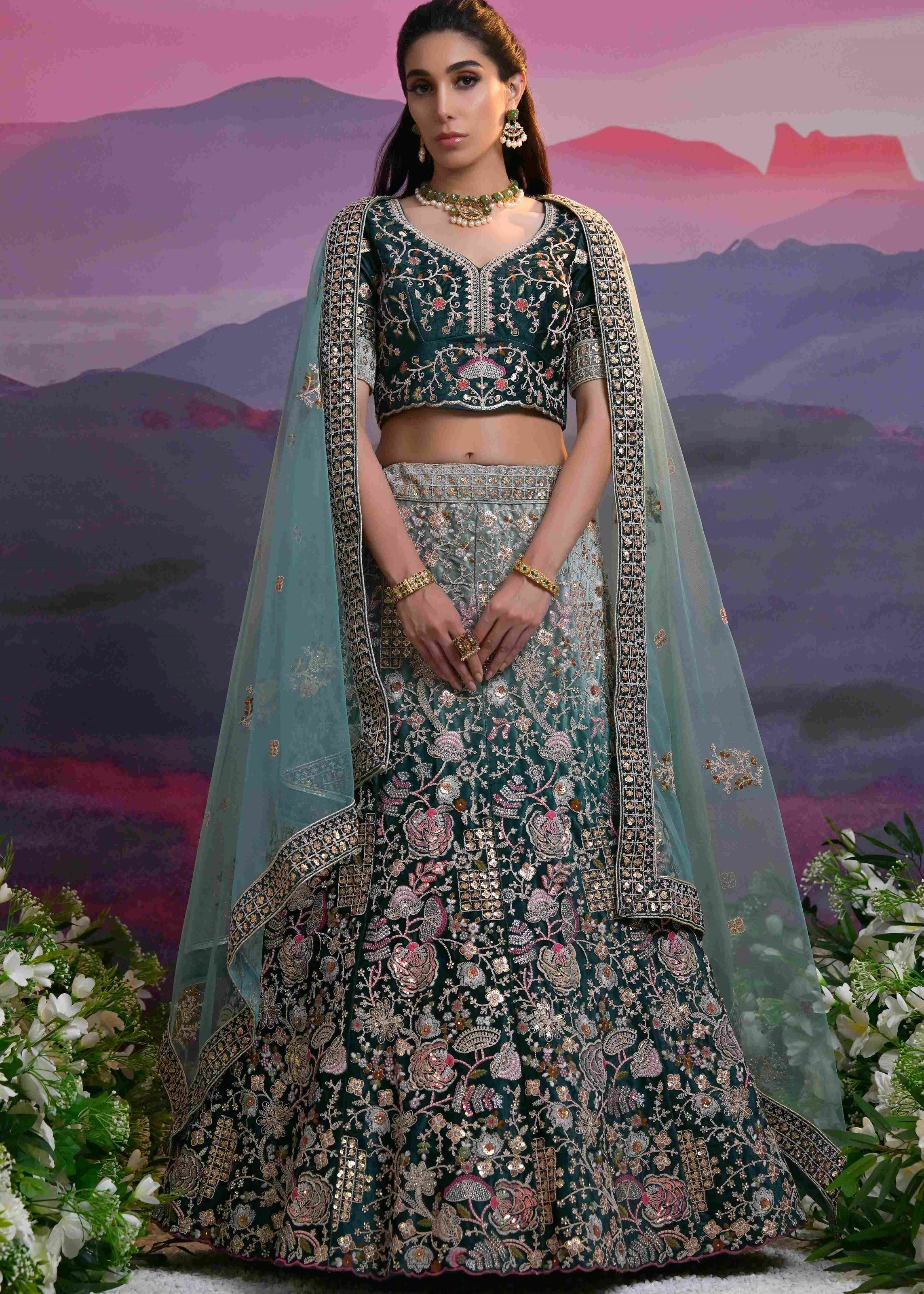 Dark Teal Lycra Lehenga Choli With Heavy Thread Embroidery, Zari With Sequins Work