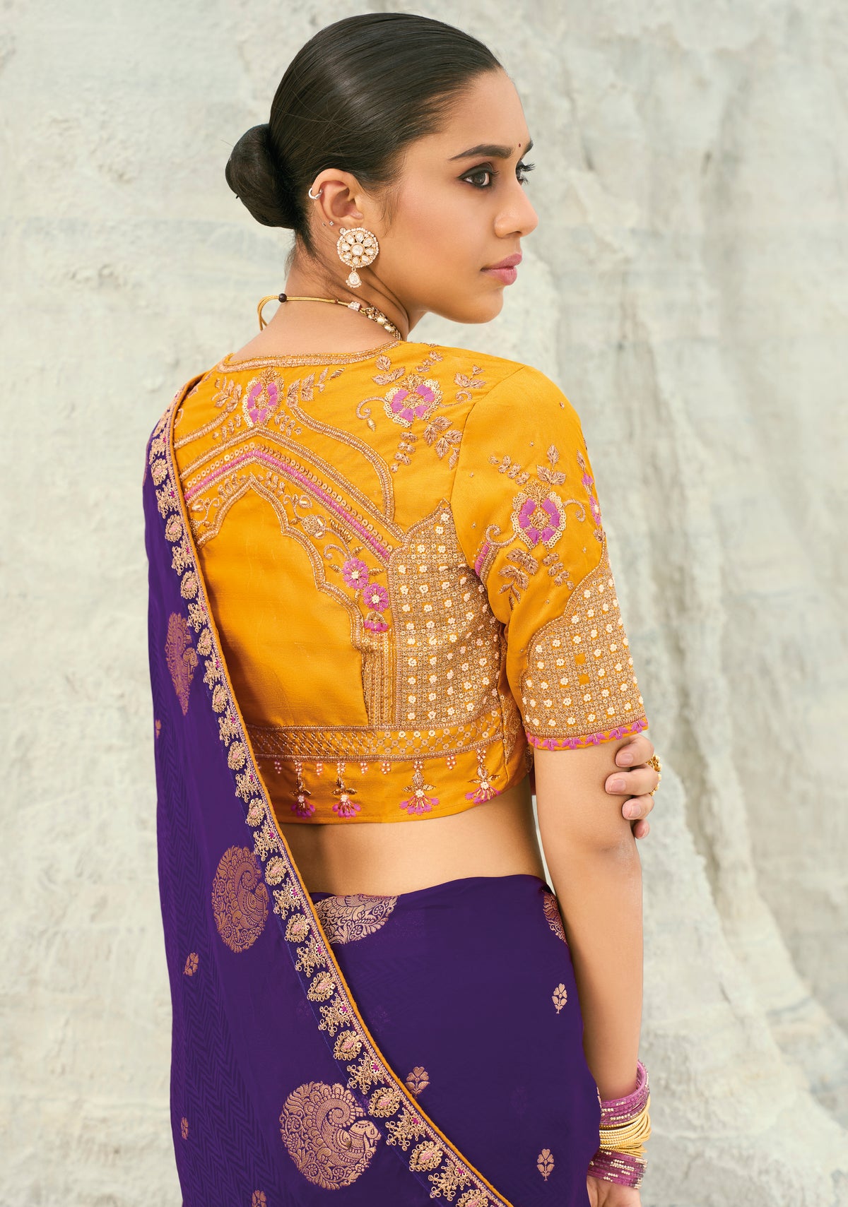 Dark Violet Saree With  Coding Border With Cut-Dana, Moti Heavy Work Blouse
