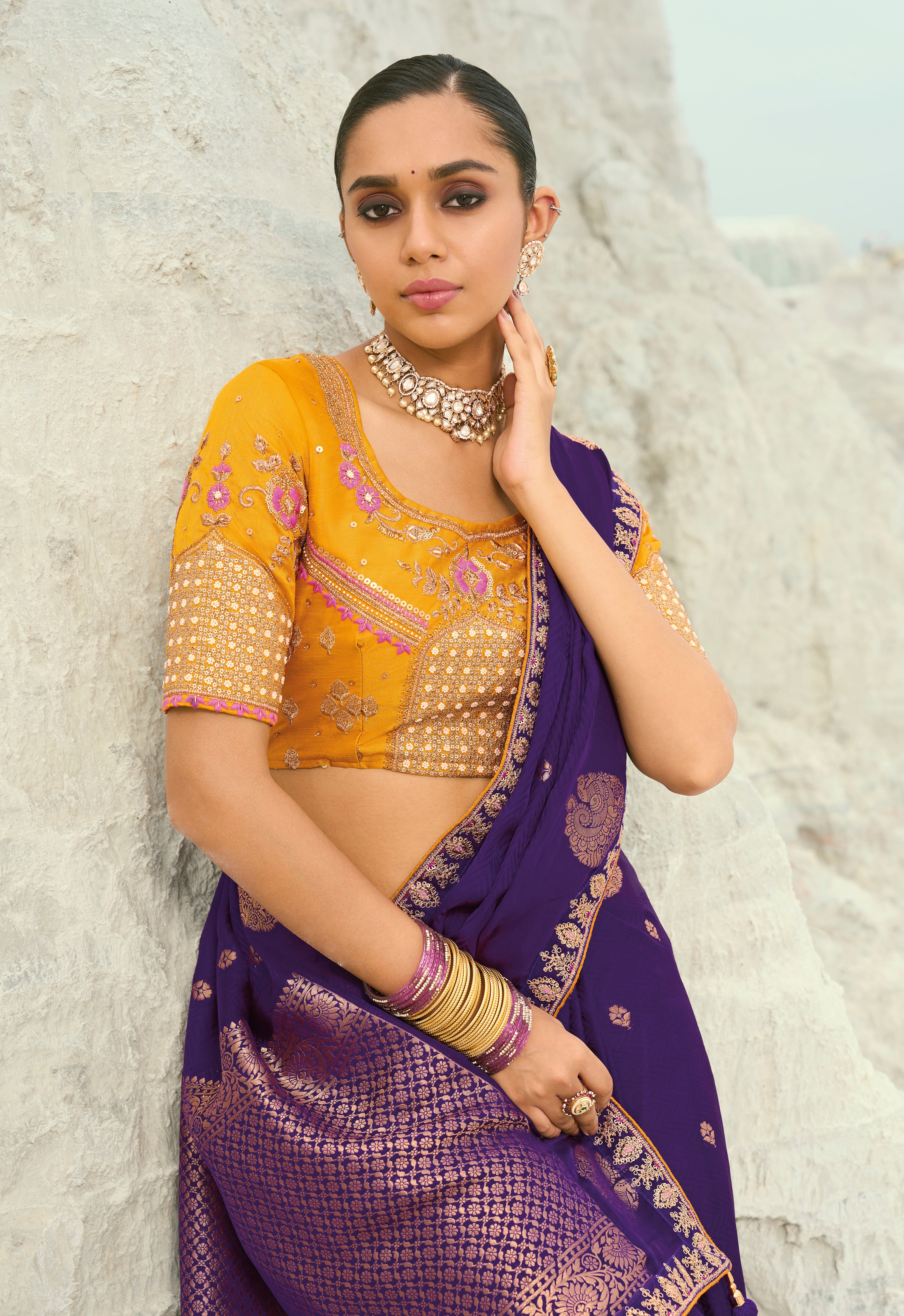 Dark Violet Saree With  Coding Border With Cut-Dana, Moti Heavy Work Blouse