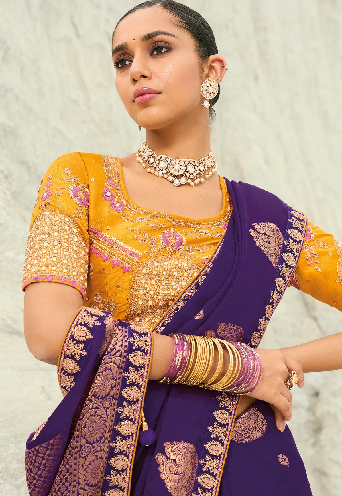 Dark Violet Saree With  Coding Border With Cut-Dana, Moti Heavy Work Blouse