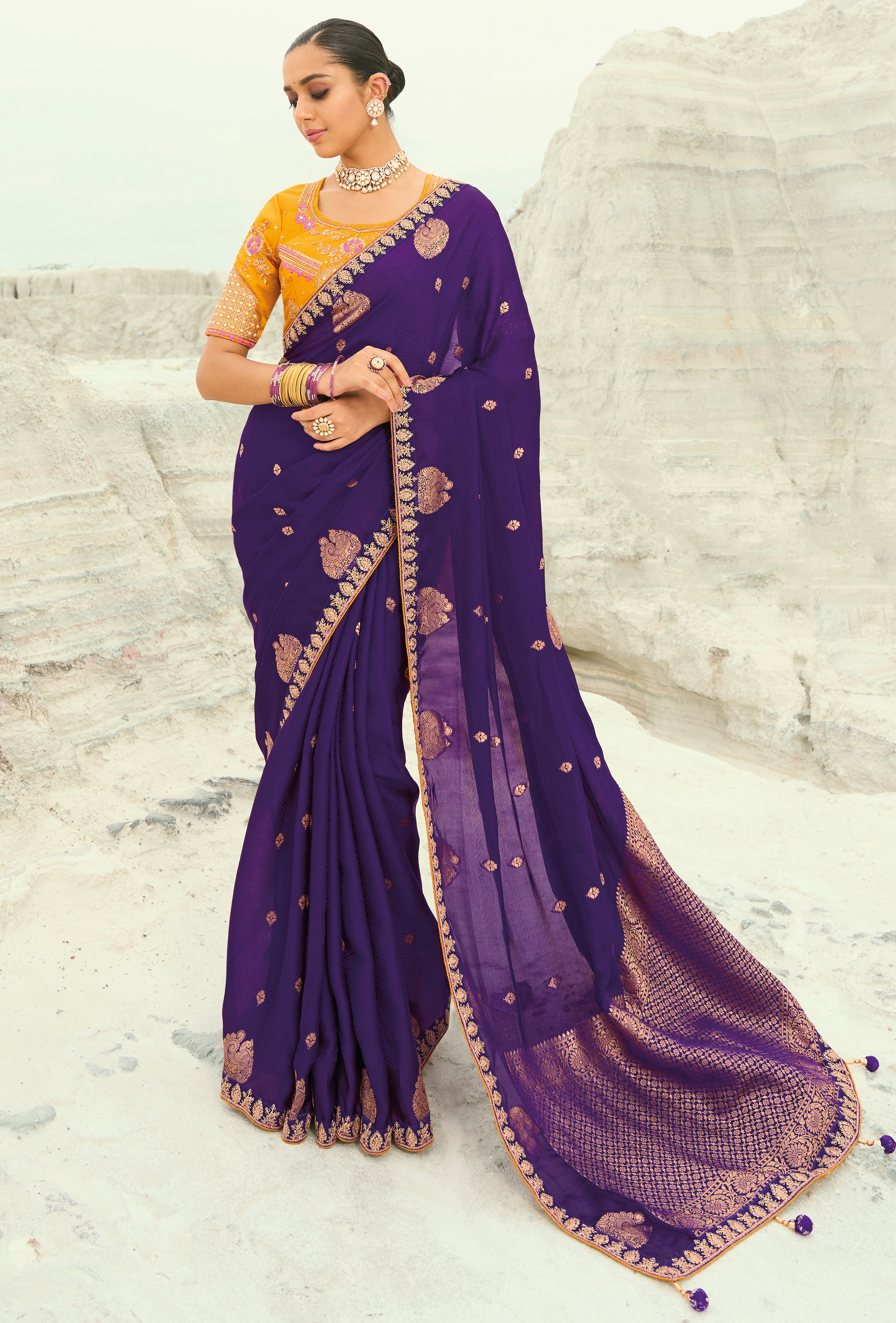Dark Violet Saree With  Coding Border With Cut-Dana, Moti Heavy Work Blouse