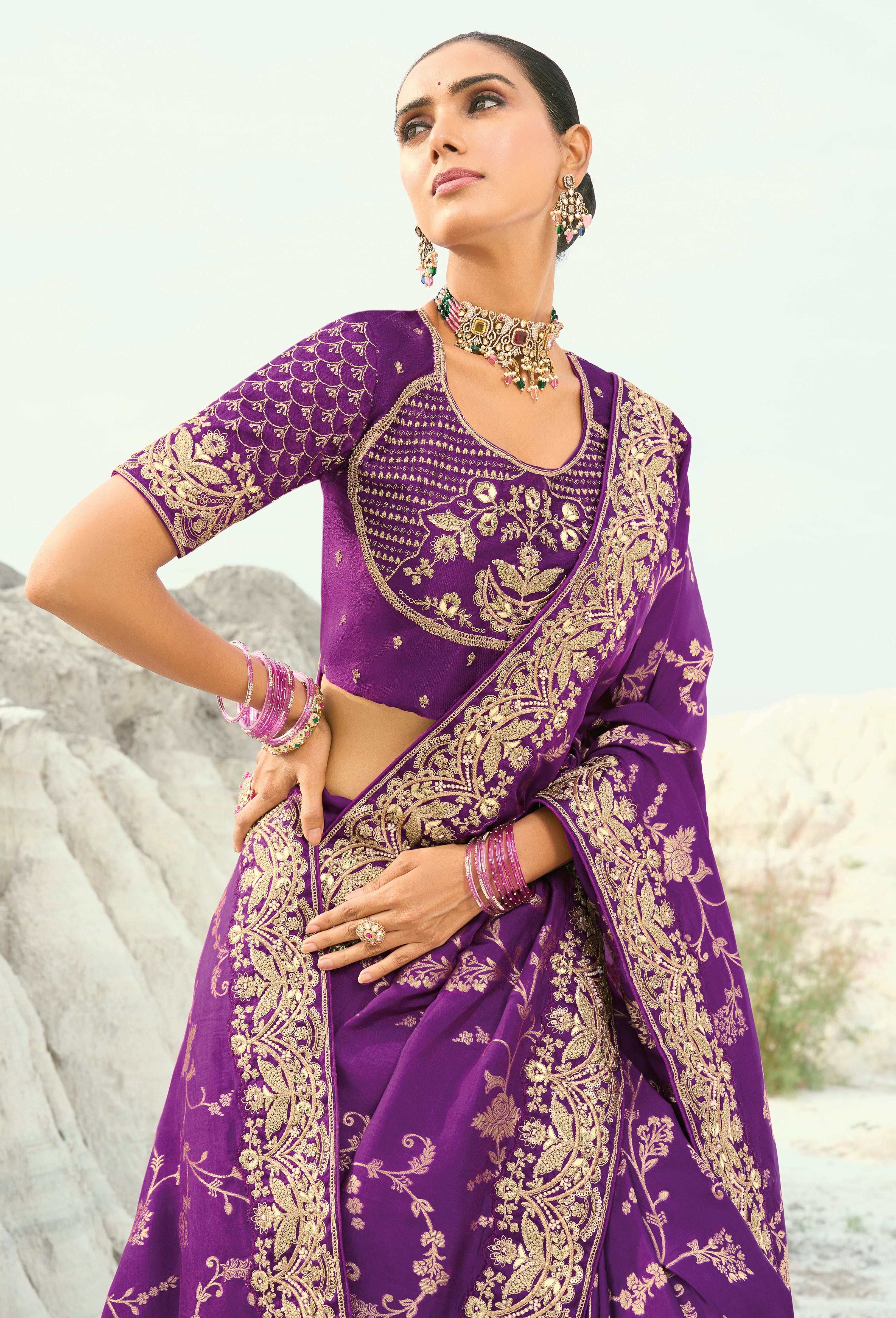 Dark Violet Saree With  Jari, Thread, Moti With Cut-Dana Heavy Work