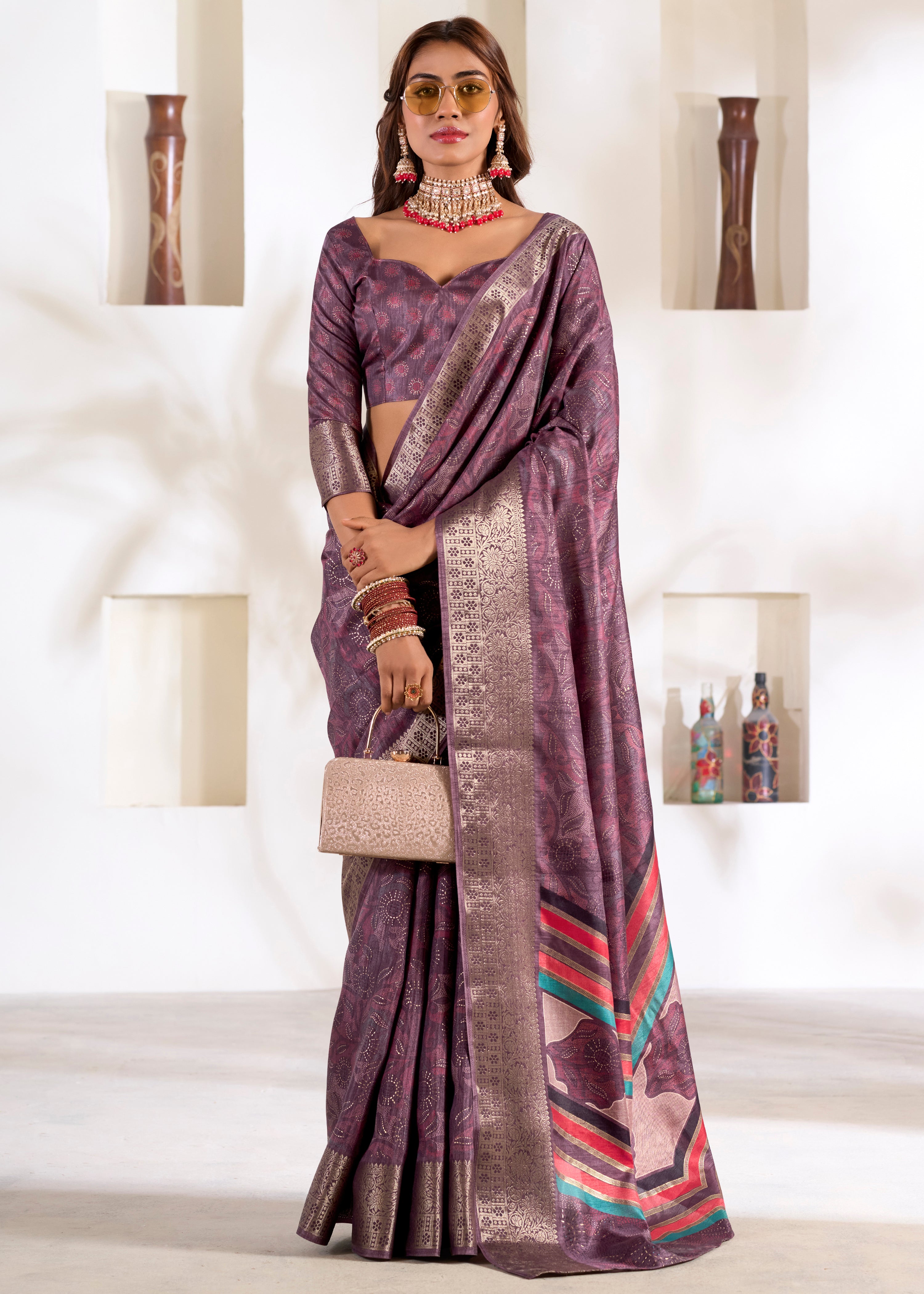 Dark Voilet Soft Dola Silk Saree With  Foil Print With Jacquard Woven Work