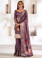 Dark Voilet Soft Dola Silk Saree With  Foil Print With Jacquard Woven Work