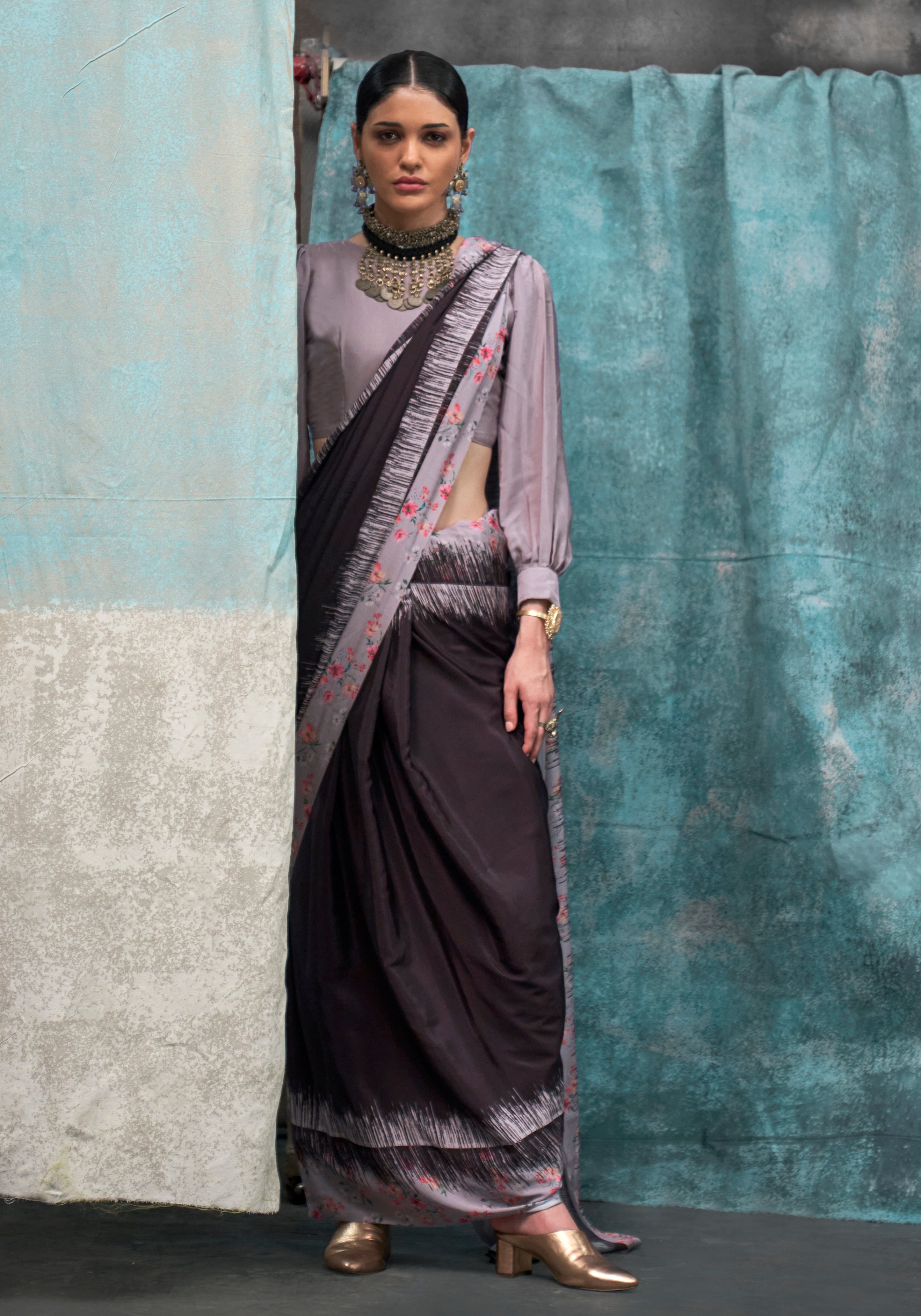 Dark Wine Crape Saree With  Digital Print
