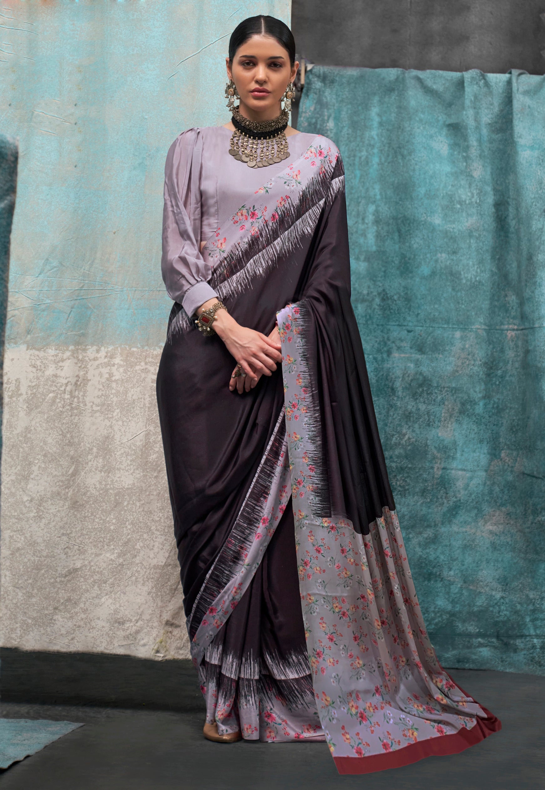 Dark Wine Crape Saree With  Digital Print