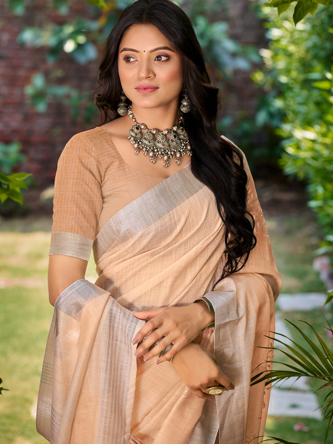 Dazzling Peach Linen Festival Saree for Women