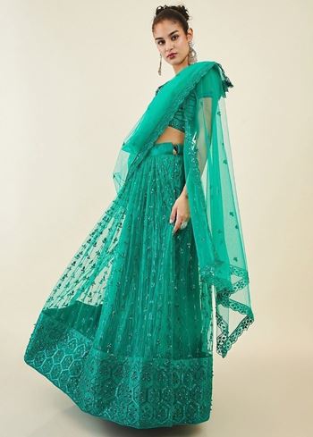 Dazzling Teal Green Sequins Net Lehenga Choli With Dupatta