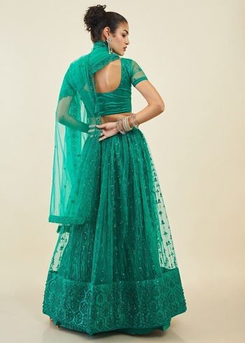 Dazzling Teal Green Sequins Net Lehenga Choli With Dupatta