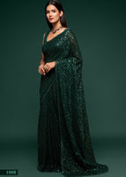 Deep Green Georgette Saree with Thread Embroidery and Sequins Work