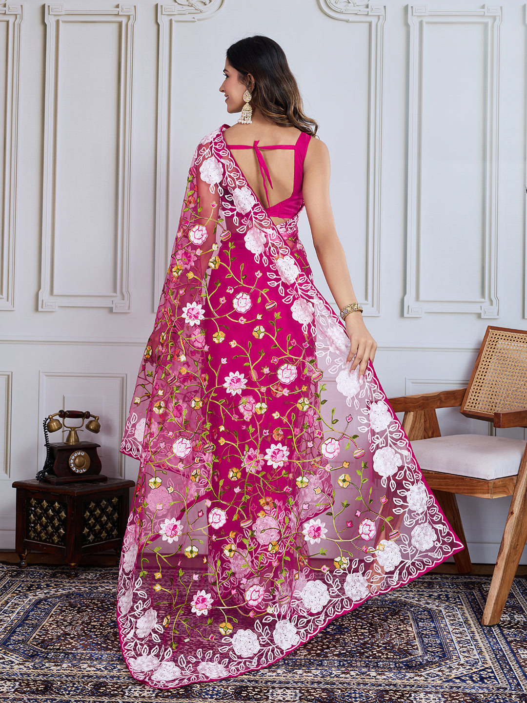 Designer Multy Thread Embroidery Work Dark Pink Soft Net Saree For Wedding Looks