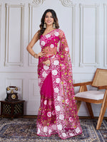Designer Multy Thread Embroidery Work Dark Pink Soft Net Saree For Wedding Looks