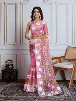 Designer Multy Thread Embroidery Work Light Pink Soft Net Saree For Wedding Looks