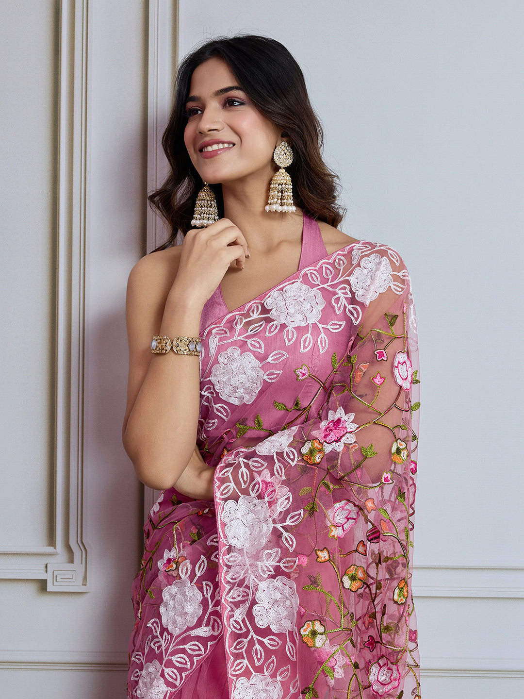 Designer Multy Thread Embroidery Work Light Pink Soft Net Saree For Wedding Looks