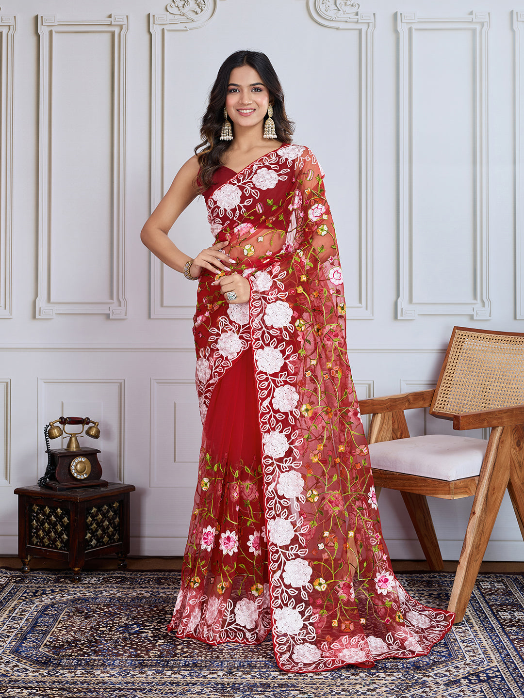 Designer Multy Thread Embroidery Work Maroon Soft Net Saree For Wedding Looks