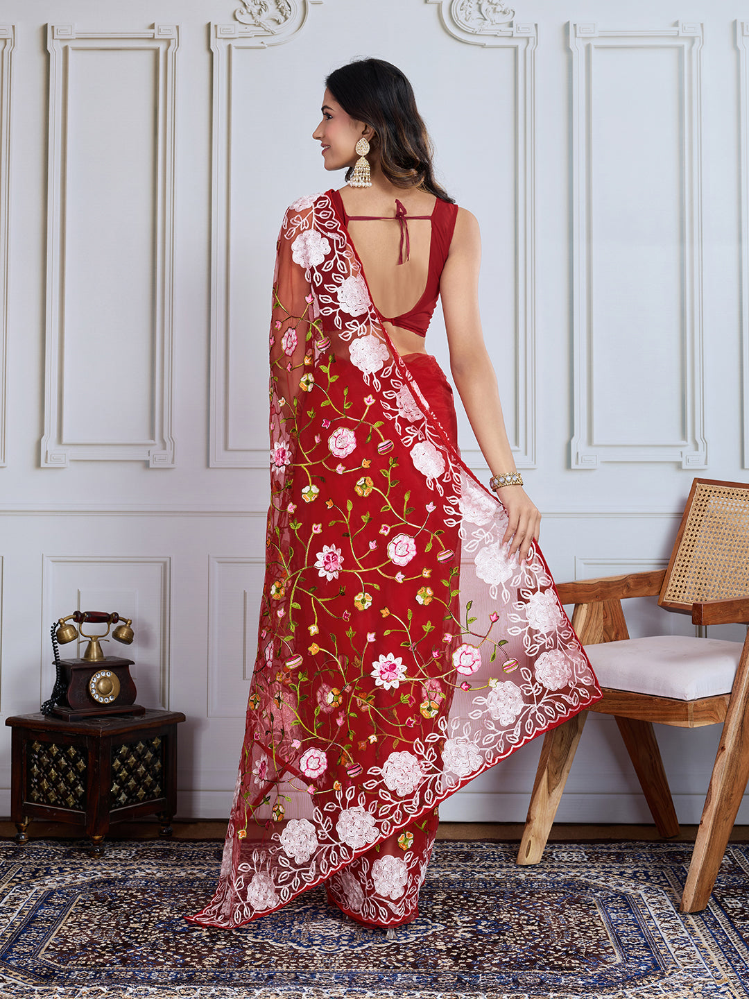 Designer Multy Thread Embroidery Work Maroon Soft Net Saree For Wedding Looks