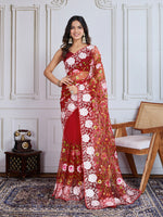 Designer Multy Thread Embroidery Work Maroon Soft Net Saree For Wedding Looks