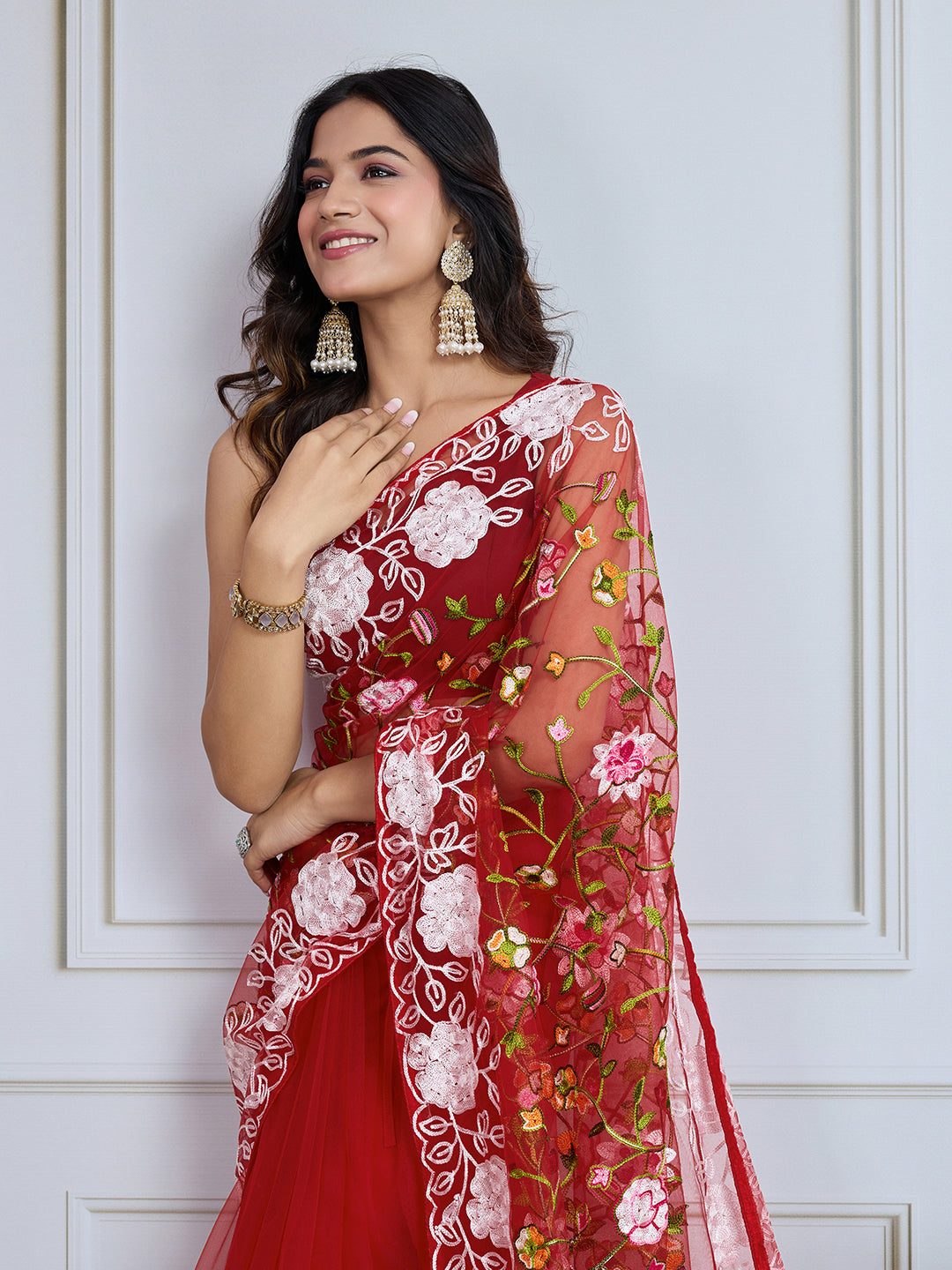 Designer Multy Thread Embroidery Work Maroon Soft Net Saree For Wedding Looks