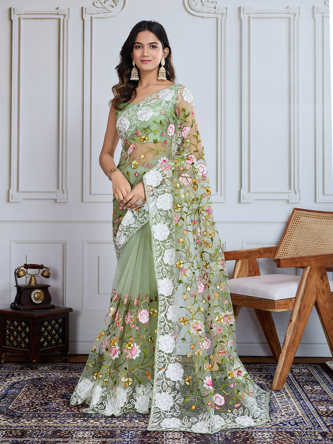 Designer Multy Thread Embroidery Work Pista Soft Net Saree For Wedding Looks